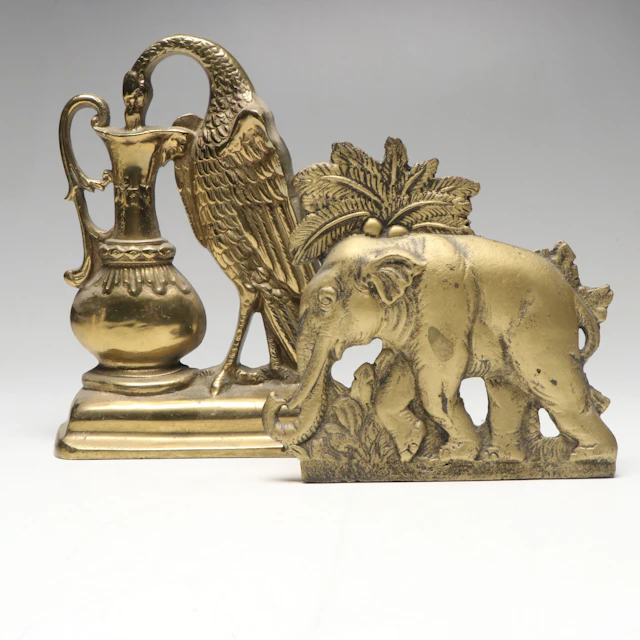 Victorian Style Cast Brass Bird with Ewer Doorstop and Other Elephant Figure