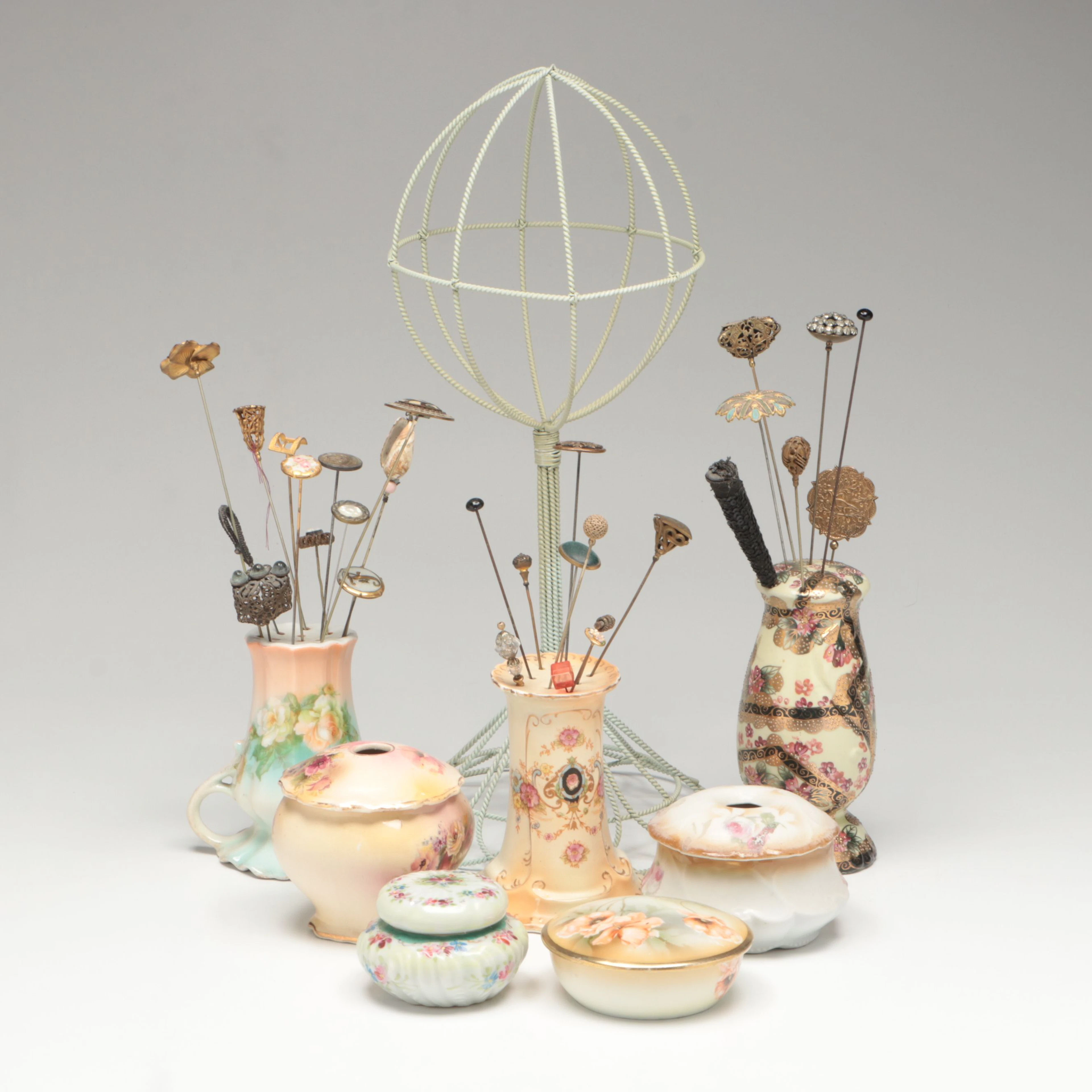 Porcelain Hatpin Holders and Pins, Hat Form Stand and More Vanity Accessories