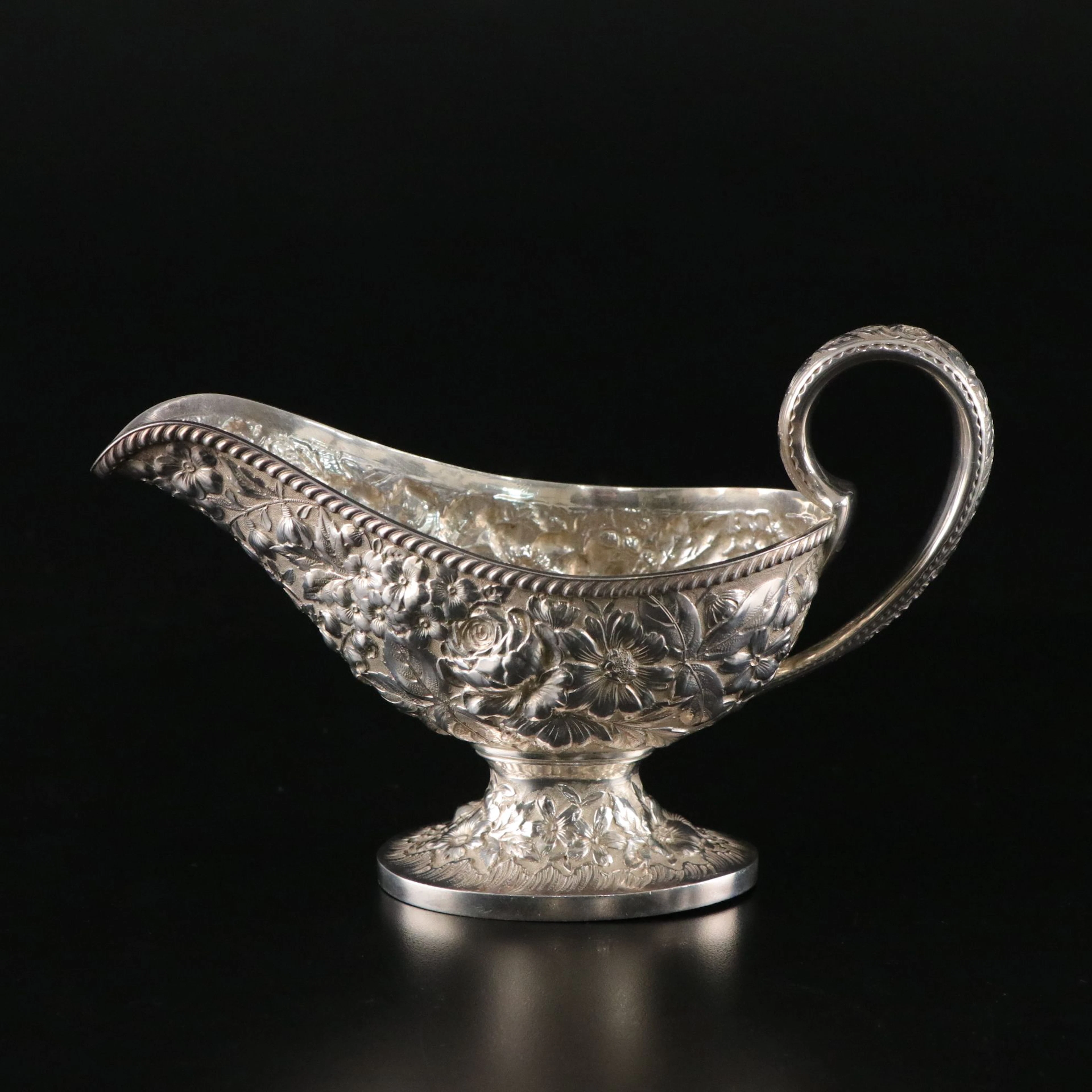 Gorham Sterling Silver Repousse Floral Gravy Boat, Late 19th Century