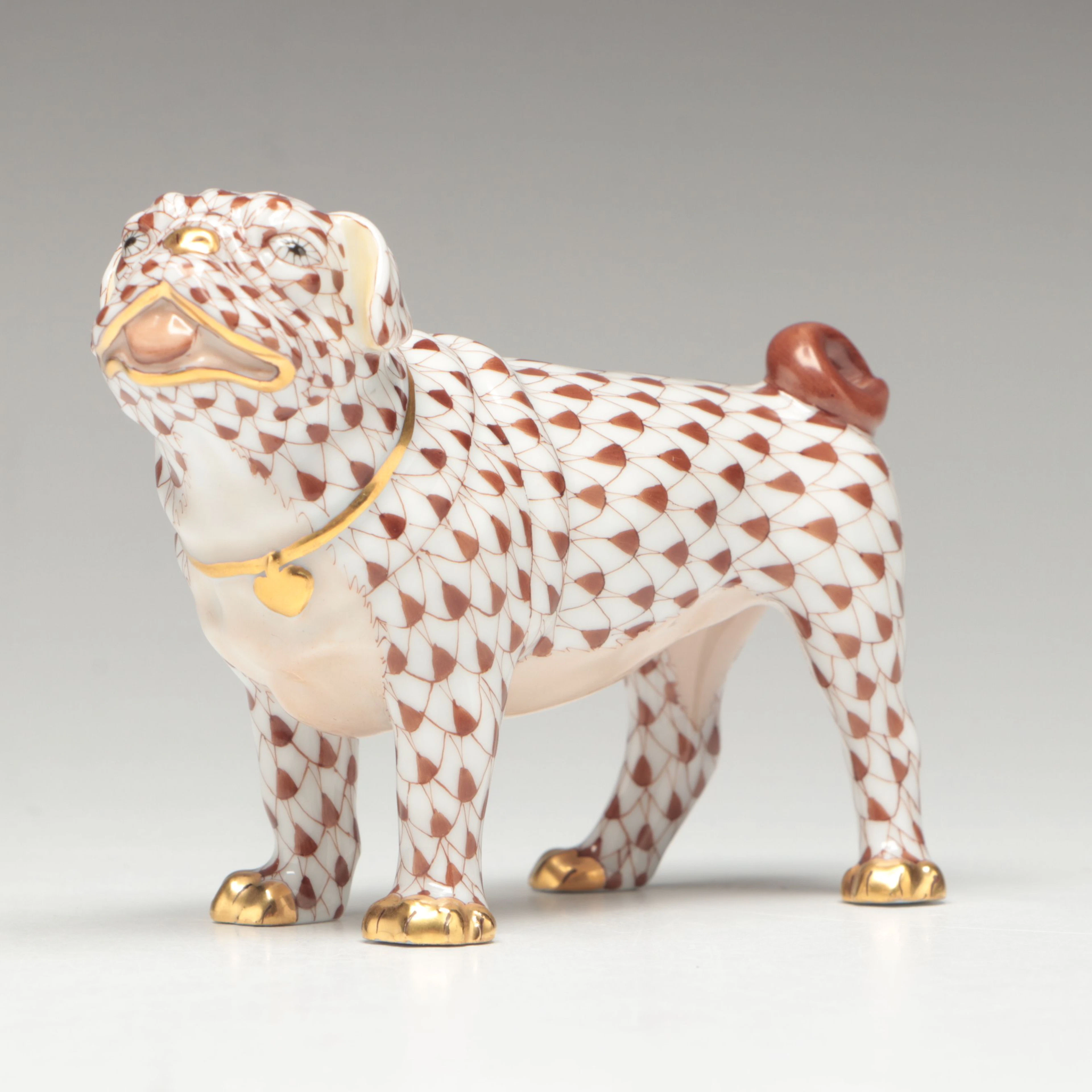 Herend Chocolate Fishnet with Gold "Pug Lola" Porcelain Figure