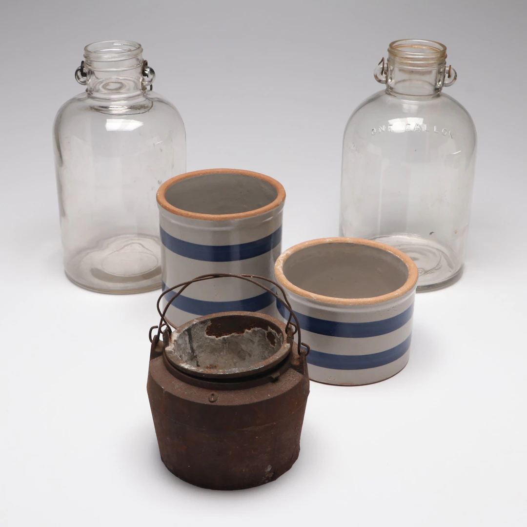 Cast Iron Glue Pot with Salt Glazed Stoneware Crocks and More Rustic Vessels