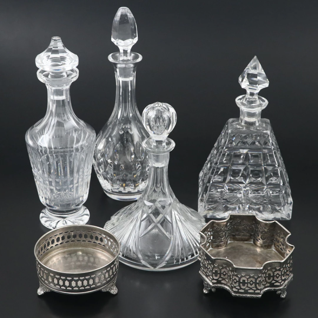 Waterford "Glenmore" Decanter & More Crystal with Silver Plate Decorative Bowls