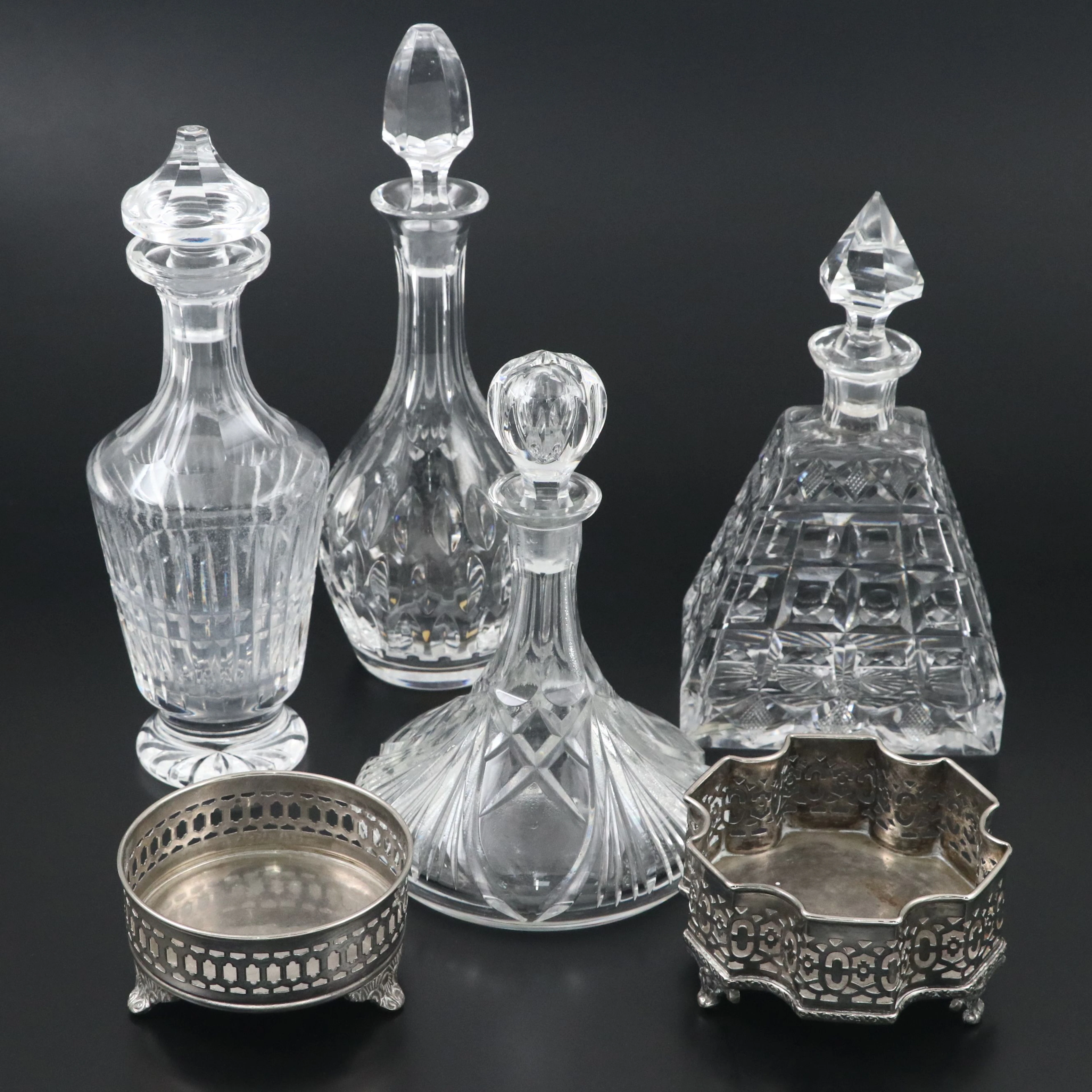 Waterford "Glenmore" Decanter & More Crystal with Silver Plate Decorative Bowls