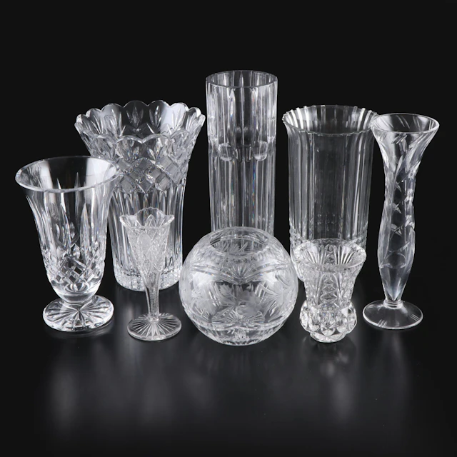 Waterford "Romance of Ireland" and Other Cut Crystal and Glass Vases