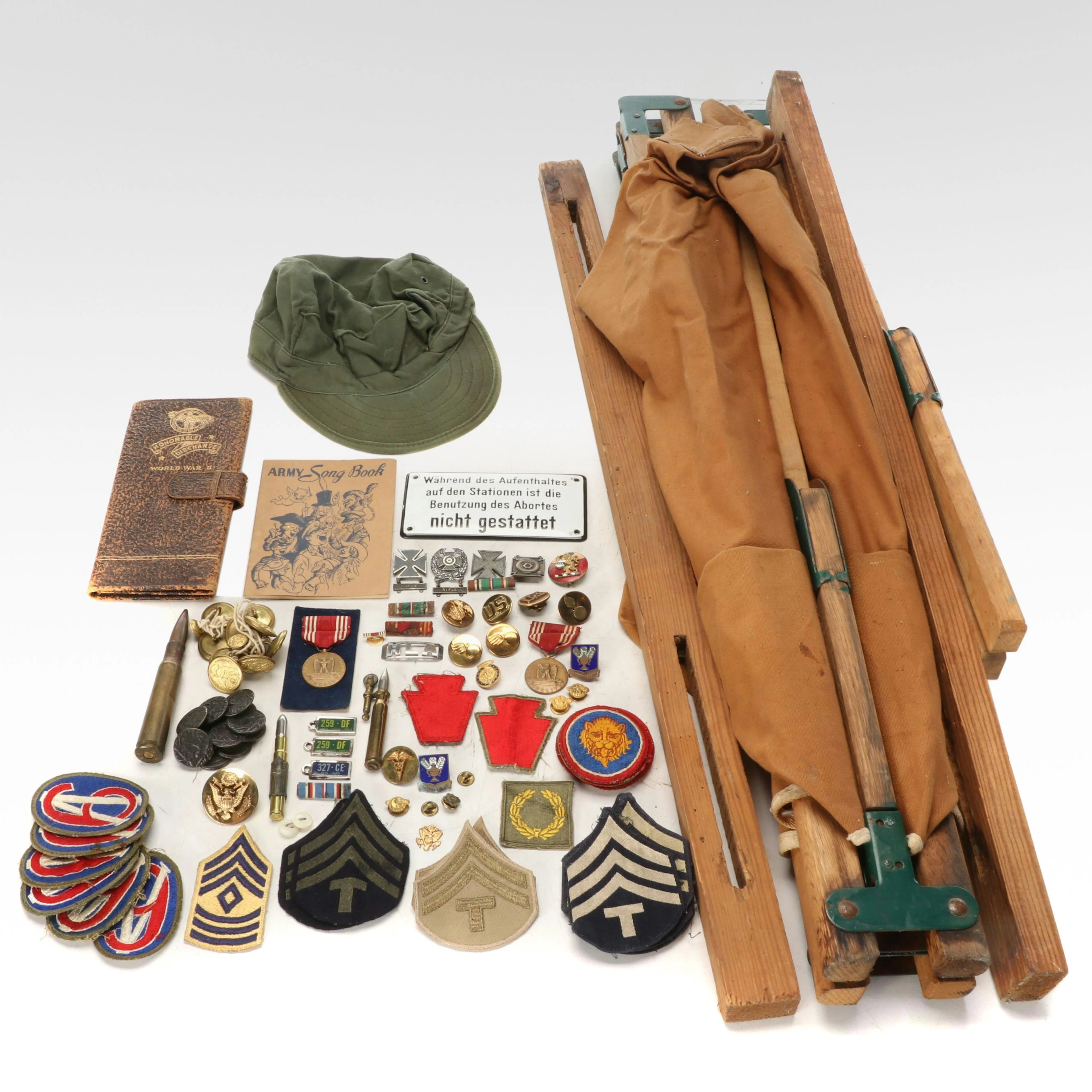 96th Infantry and Rank Patches, Proficiency Pins, Ribbons, Camp Cot, Militaria