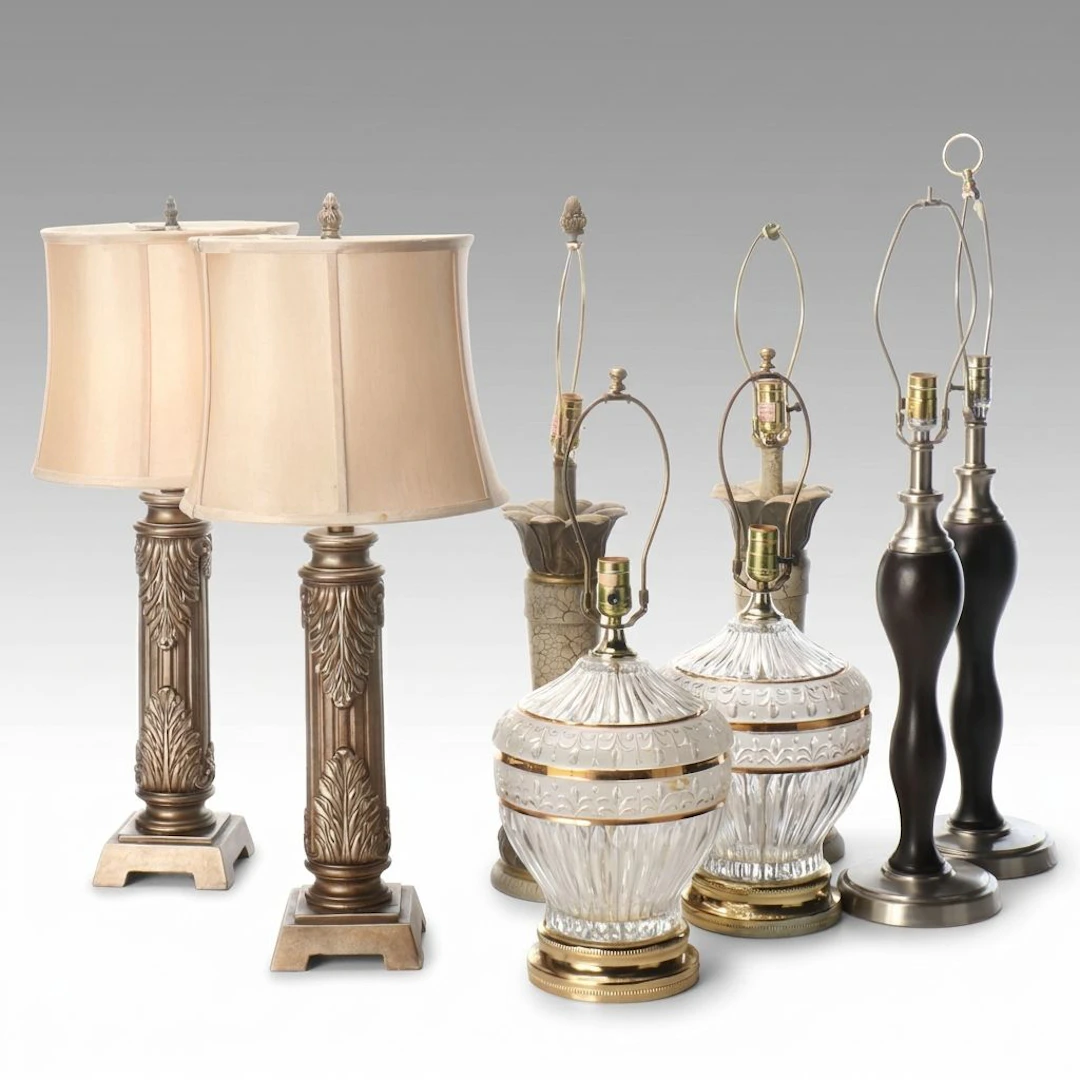 Four Pairs of Decorator Table Lamps with Pair of Silk Drum Shades