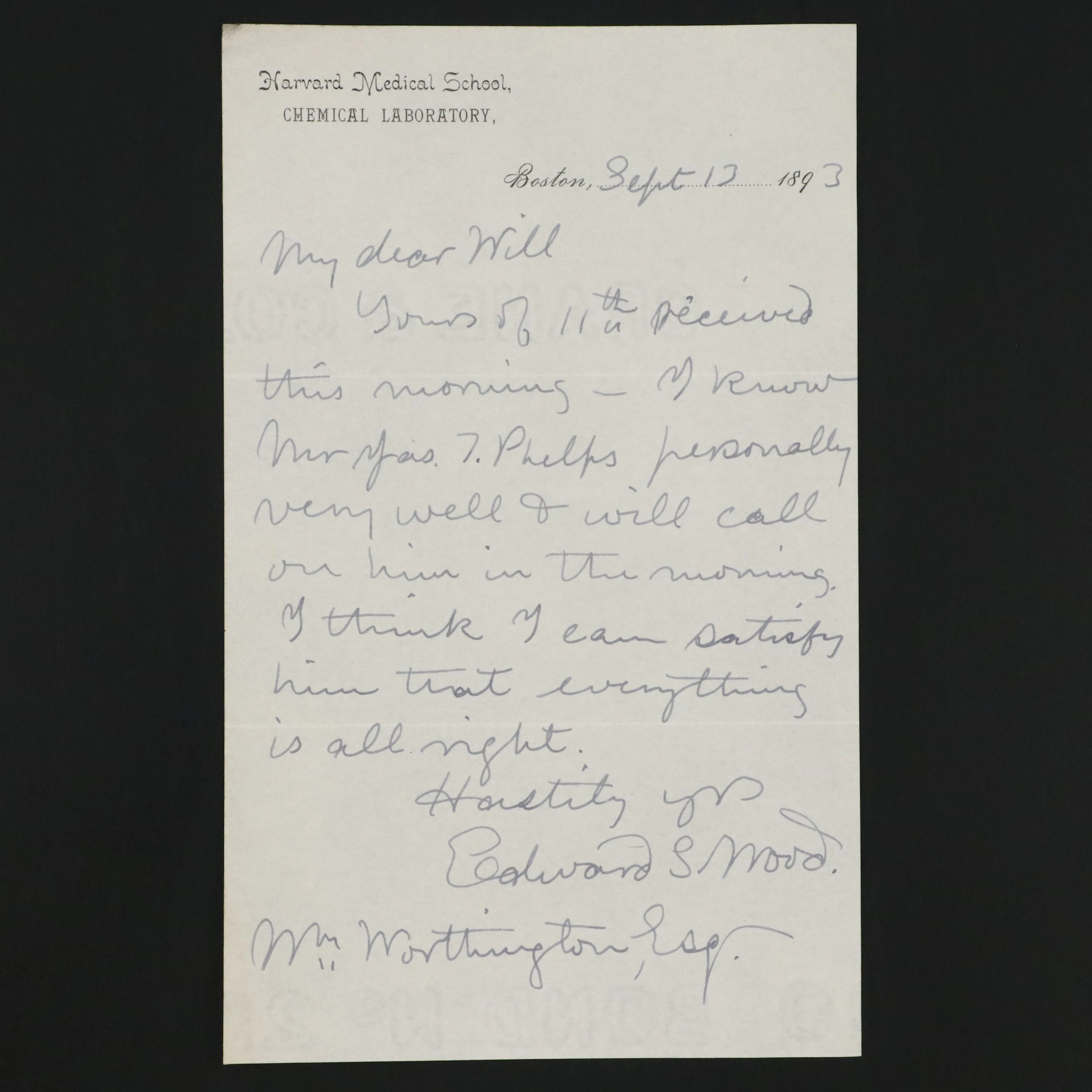 Edward S. Wood Signed Letter to William Worthington, 1893