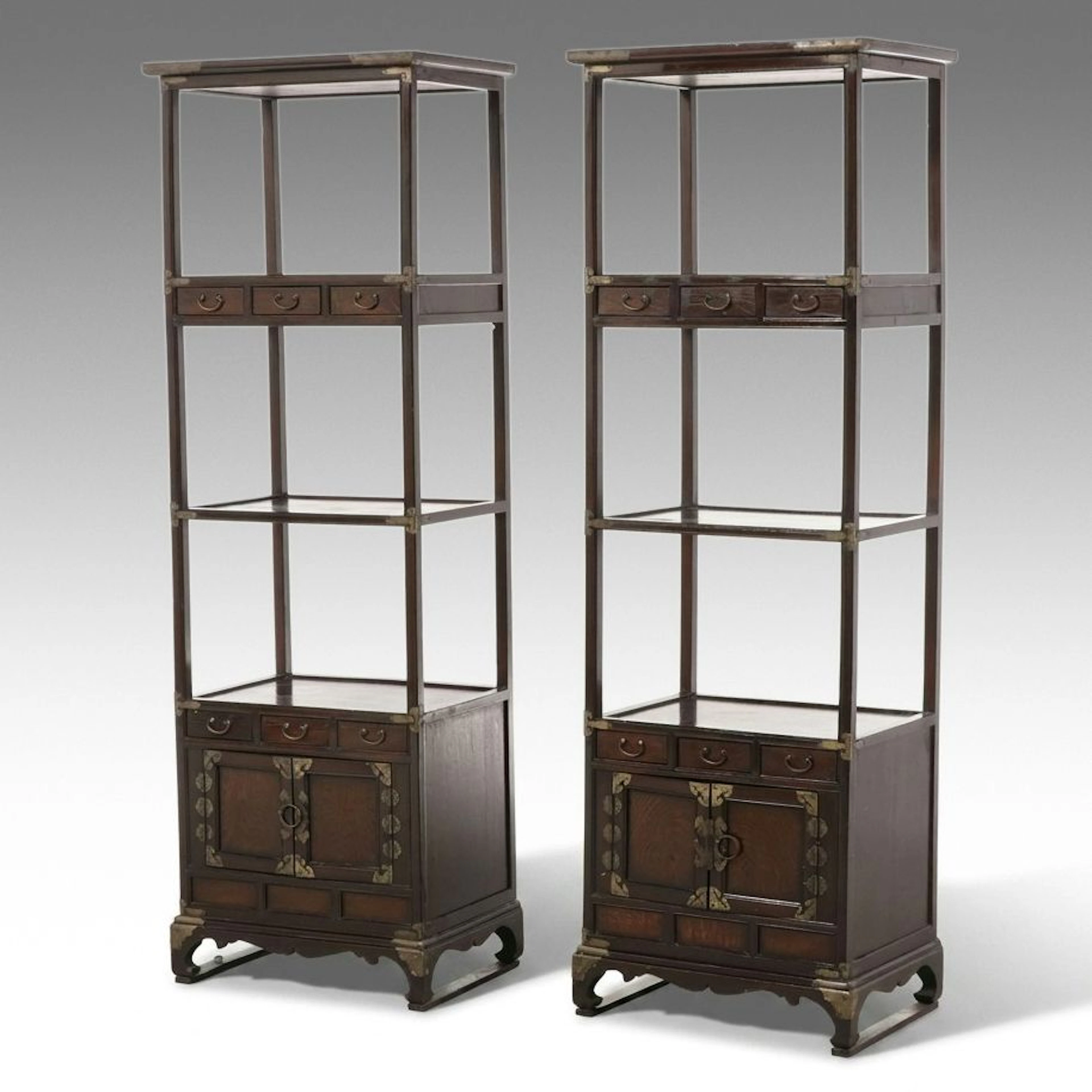 Pair of Korean Joseon Style Elm and Brass Bound Étagères, Mid-20th Century