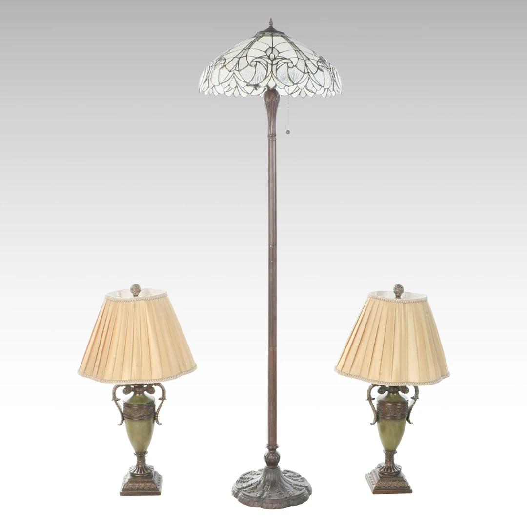 Victorian Style Floor Lamp with Pair of Neoclassical Urn Table Lamps