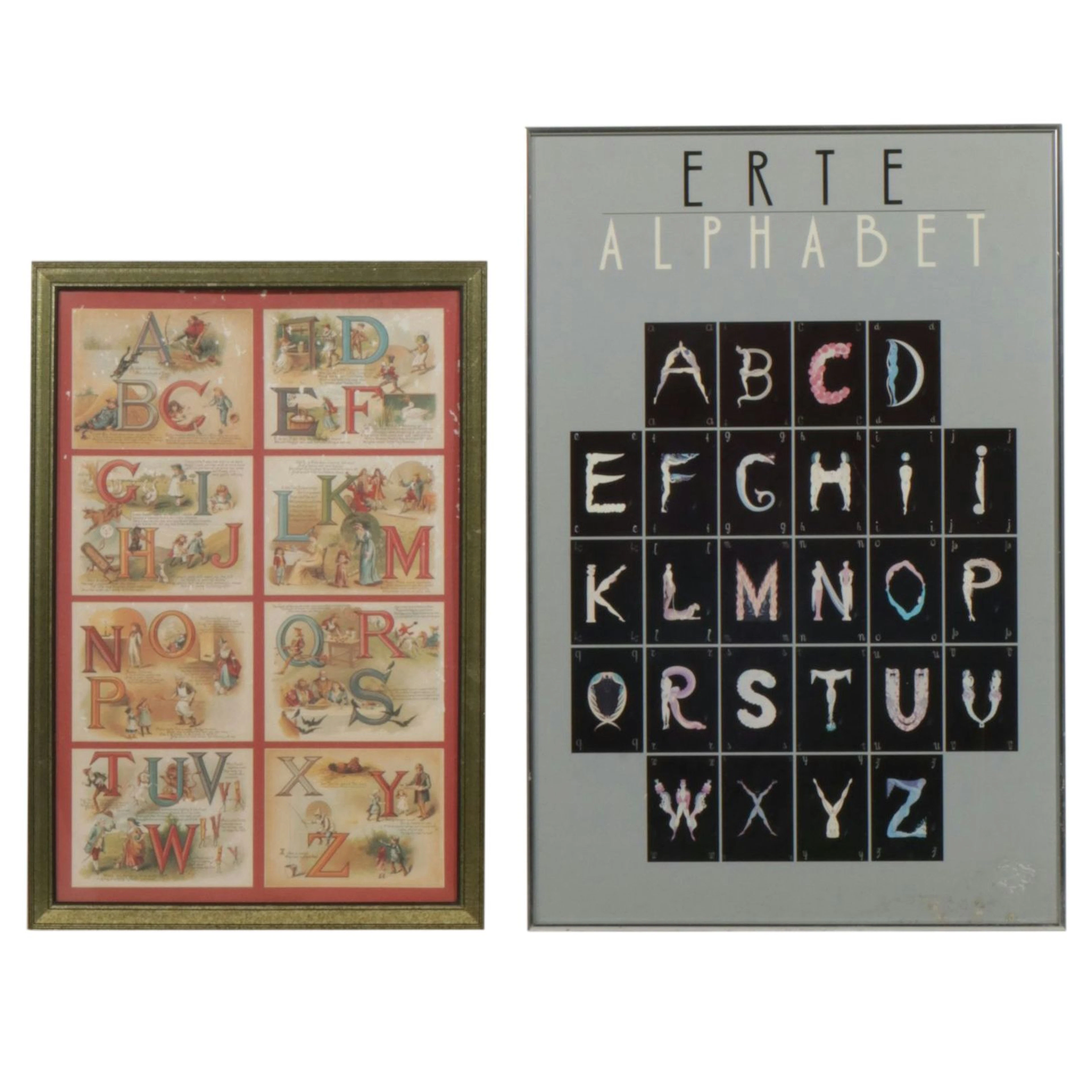Offset Lithograph Poster After Erté "Alphabet" & Victorian Style Alphabet