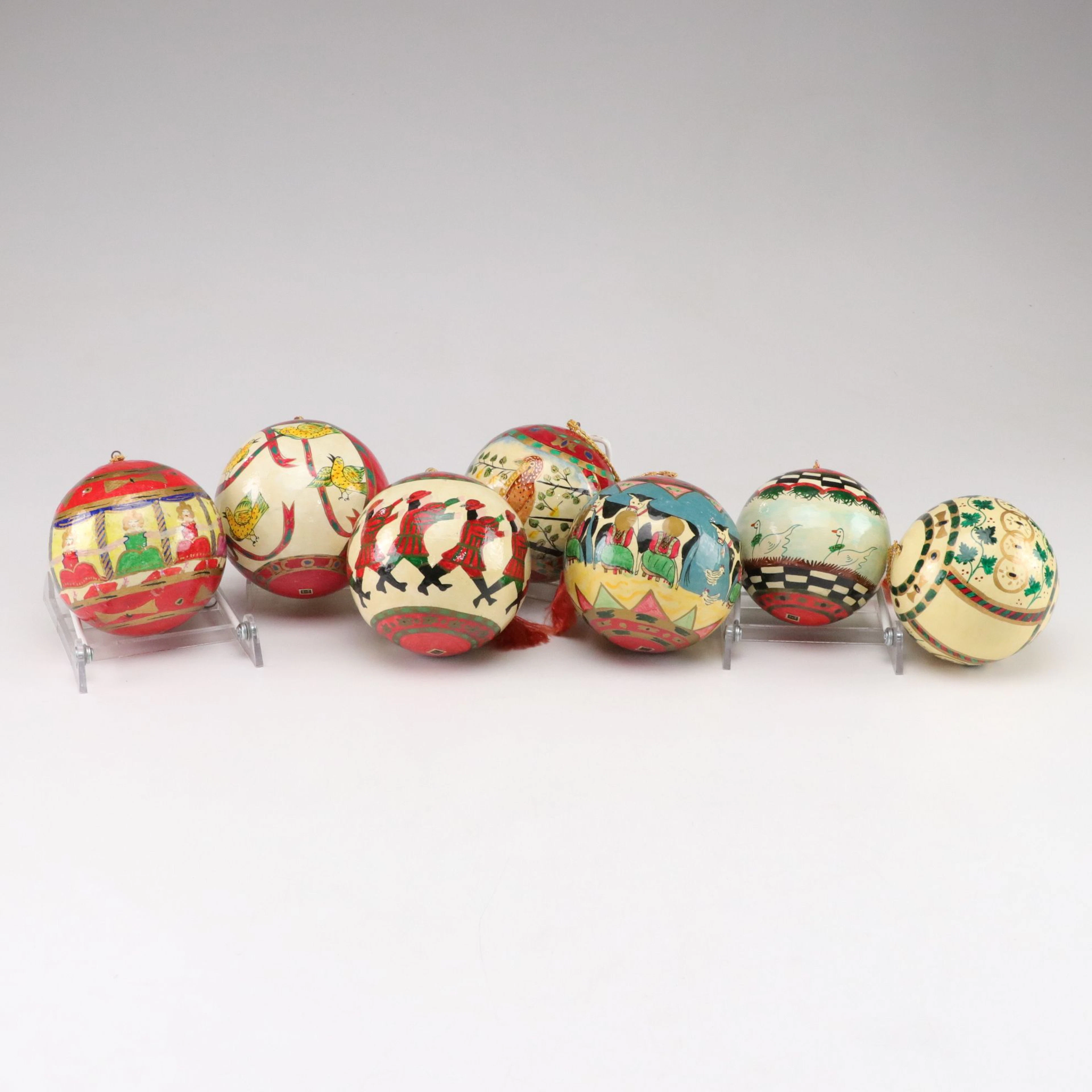 Seven Indian Hand-Painted Christmas Ball Ornaments