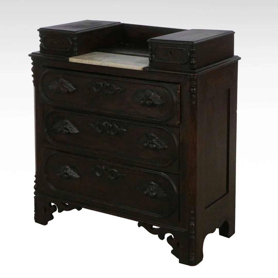 Antique Aesthetic Movement Eastlake Carved Walnut Marble-Top Washstand Dresser