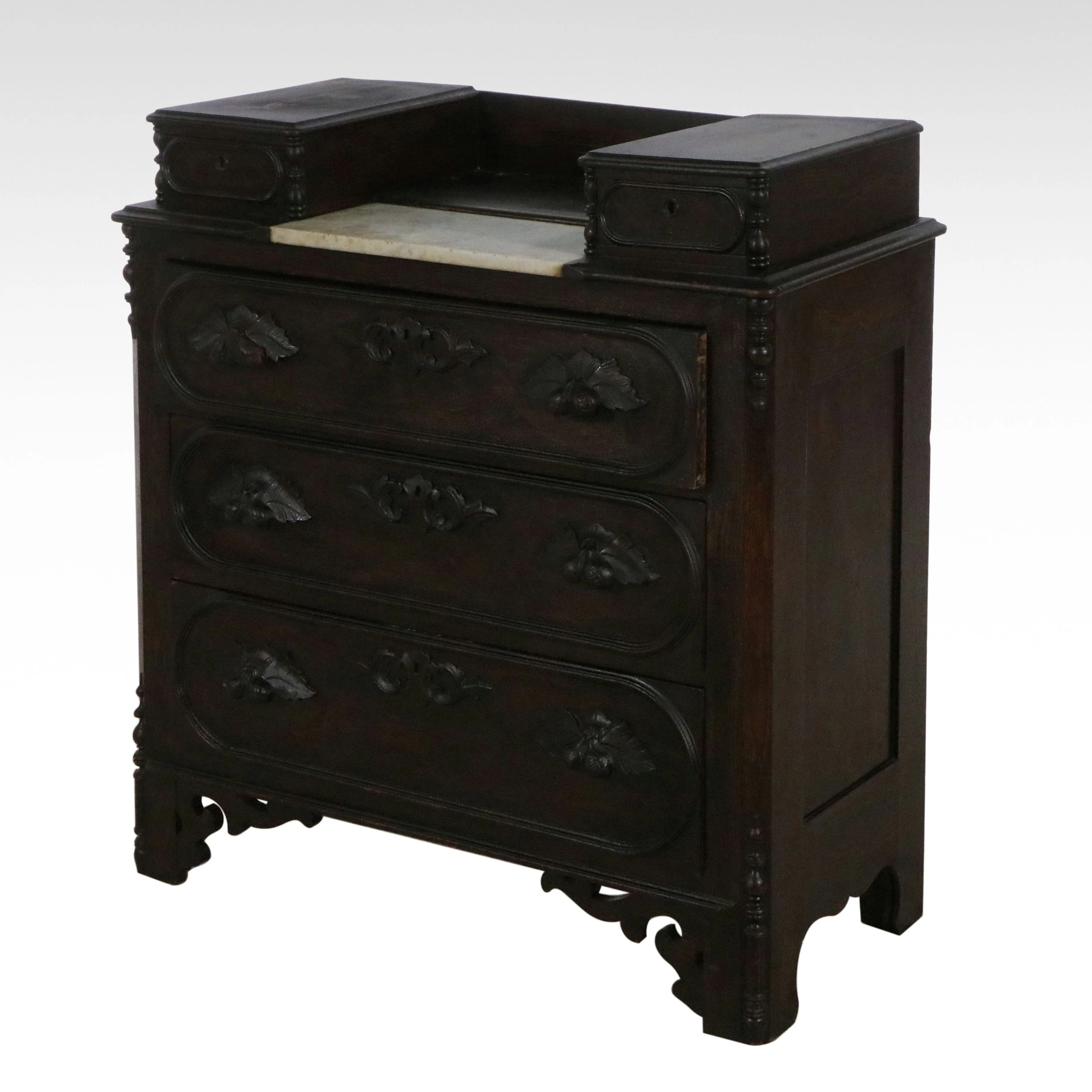Antique Aesthetic Movement Eastlake Carved Walnut Marble-Top Washstand Dresser