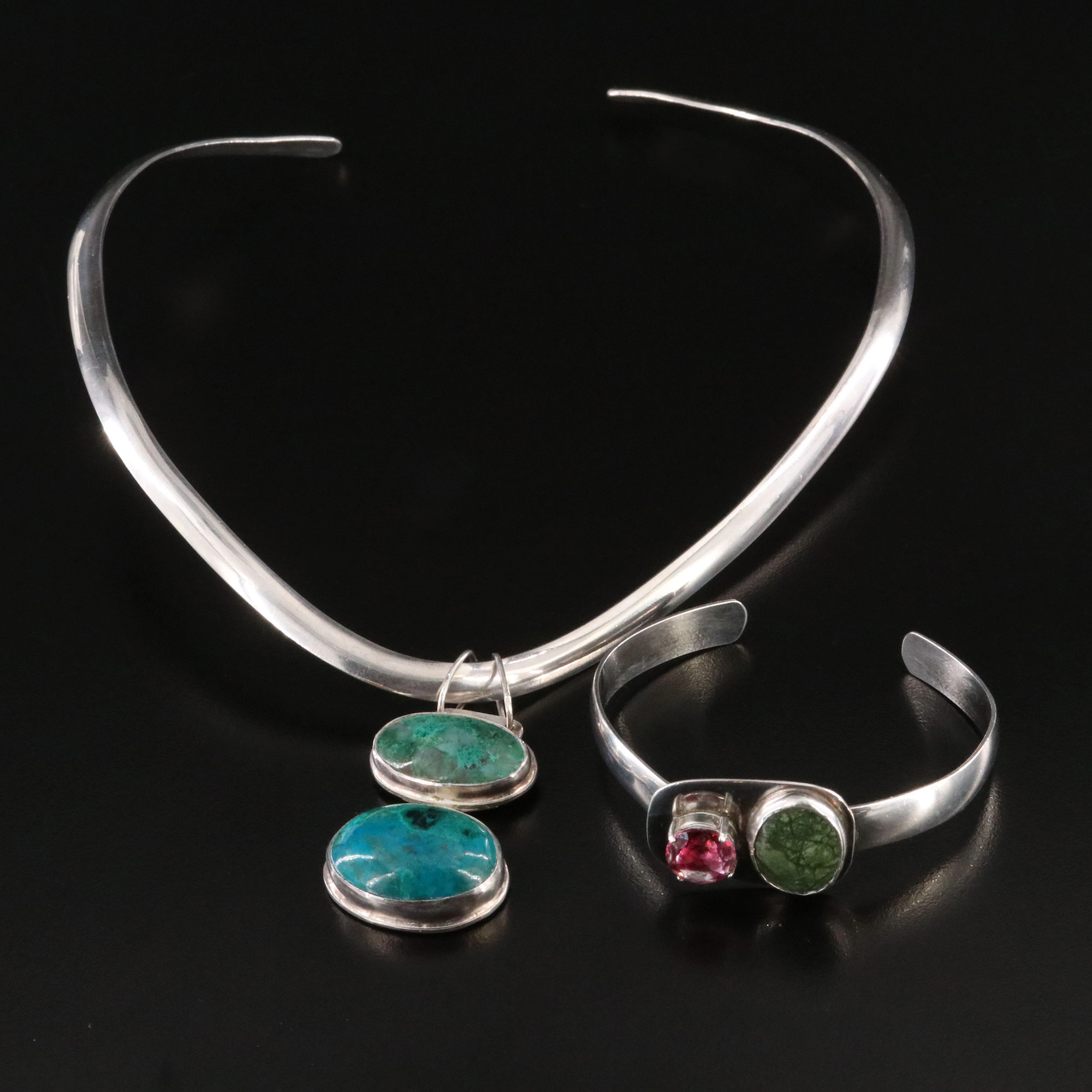 Sterling & 900 Silver Bracelet and Pendant Necklace Featuring Chrysocolla