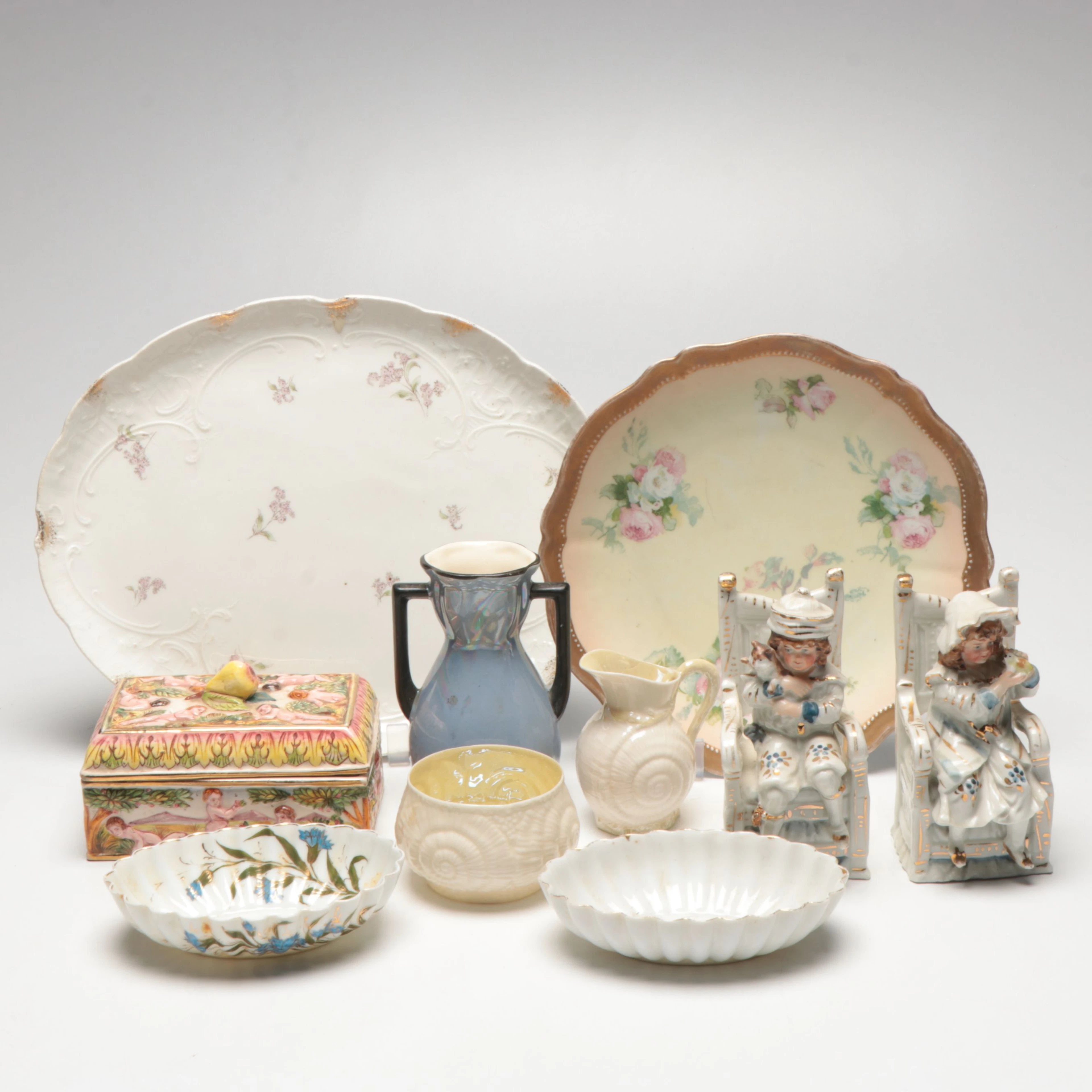 Capodimonte Style Majolica Box with Belleek and Other Porcelain Tableware