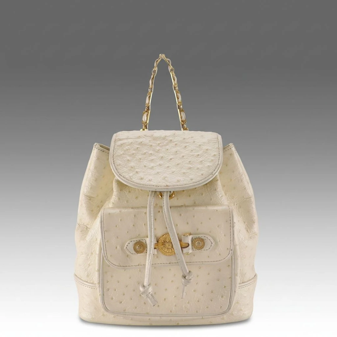 Gianni Versace Drawstring Backpack in Ivory Embossed Ostrich Leather