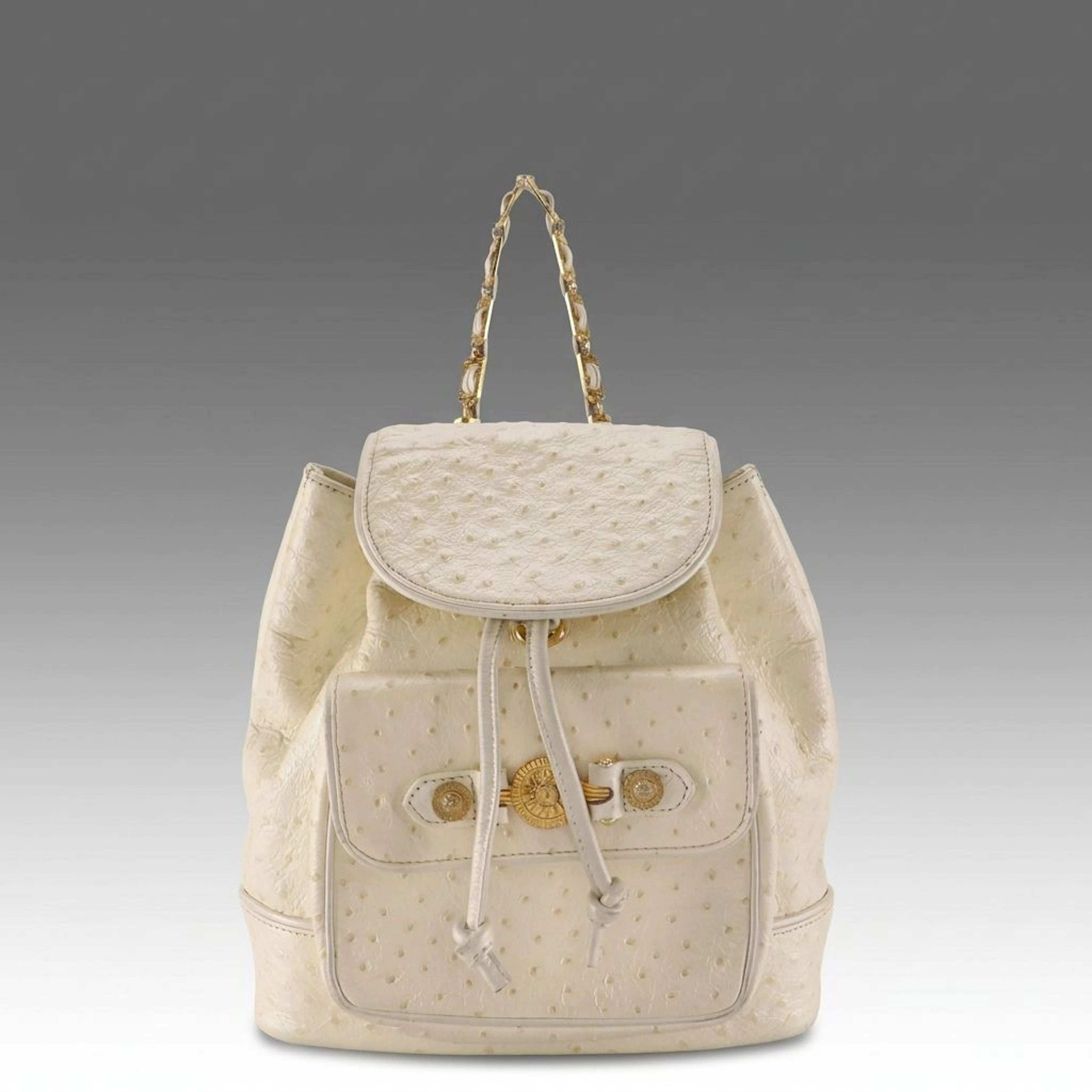 Gianni Versace Drawstring Backpack in Ivory Embossed Ostrich Leather