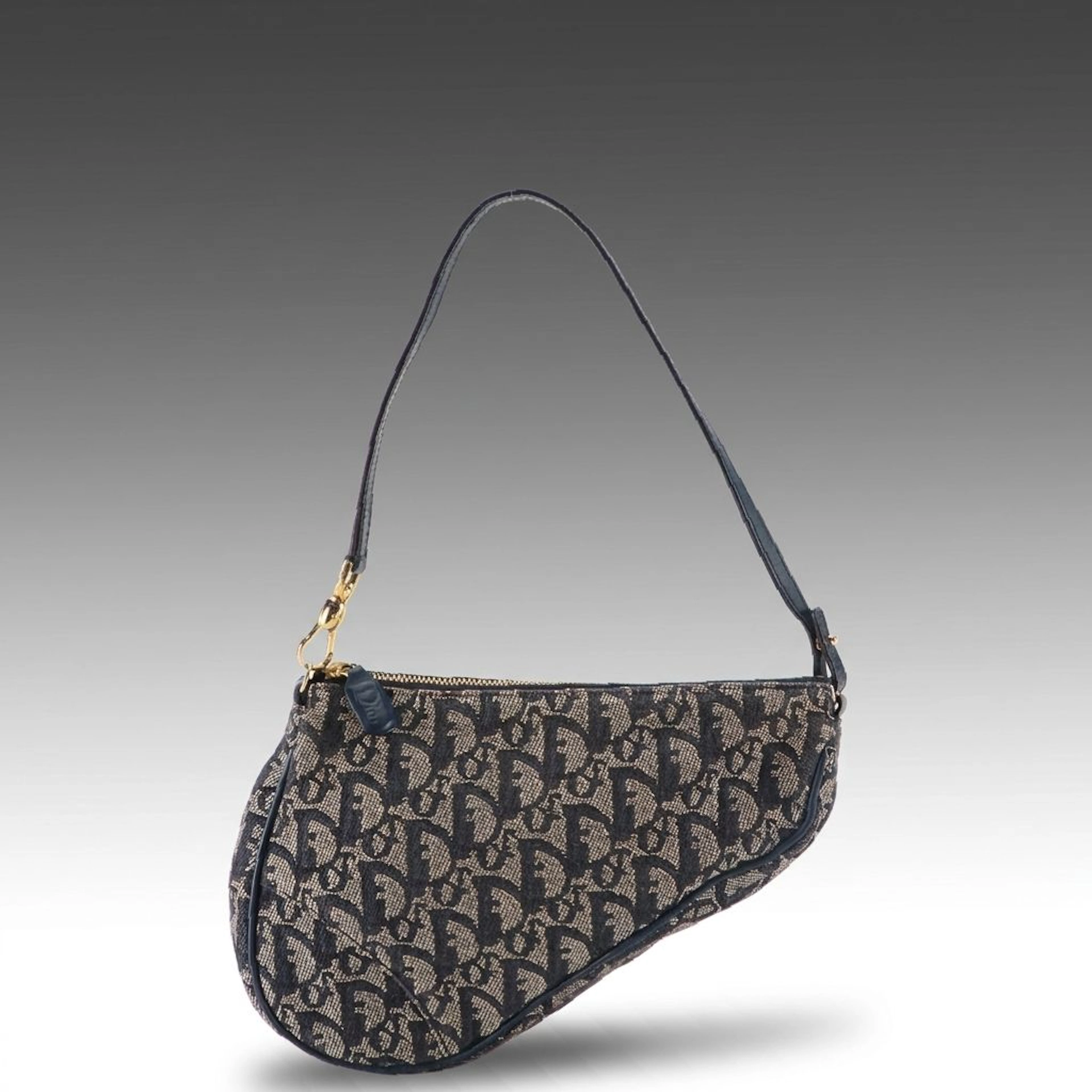 Christian Dior Mini Saddle Pochette Bag in Navy Blue Trotter Canvas and Leather