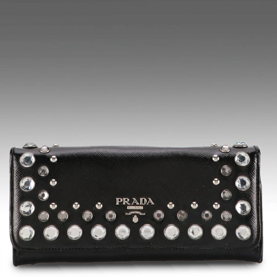 Prada Crystal Embellished Continental Wallet in Black Patent Saffiano Leather