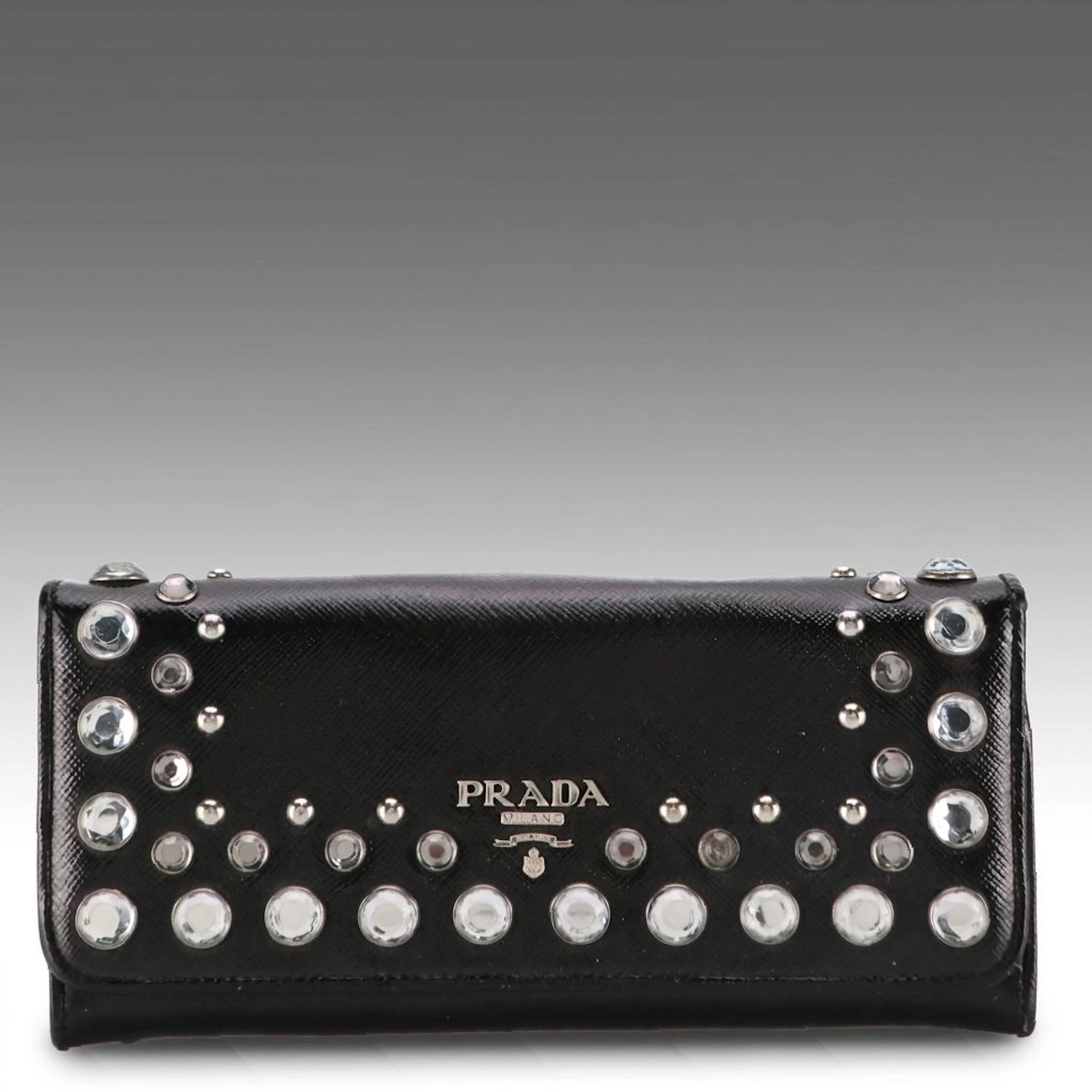 Prada Crystal Embellished Continental Wallet in Black Patent Saffiano Leather