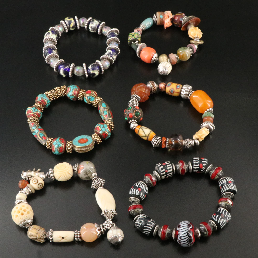 Bracelet Collection Featuring Sterling, Bone, and Coral