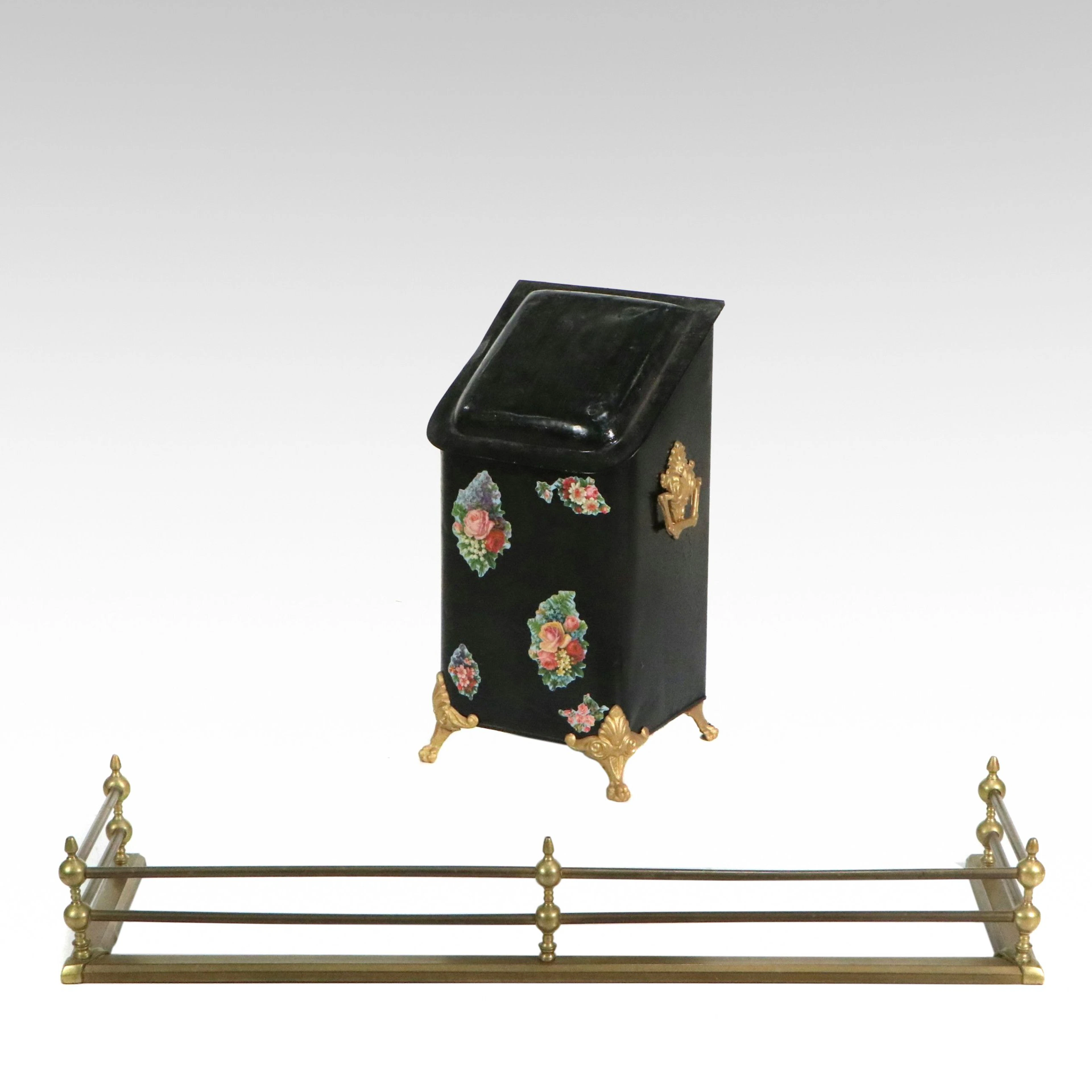 Victorian Painted and Decoupaged Metal Coal Hod with Other Fender