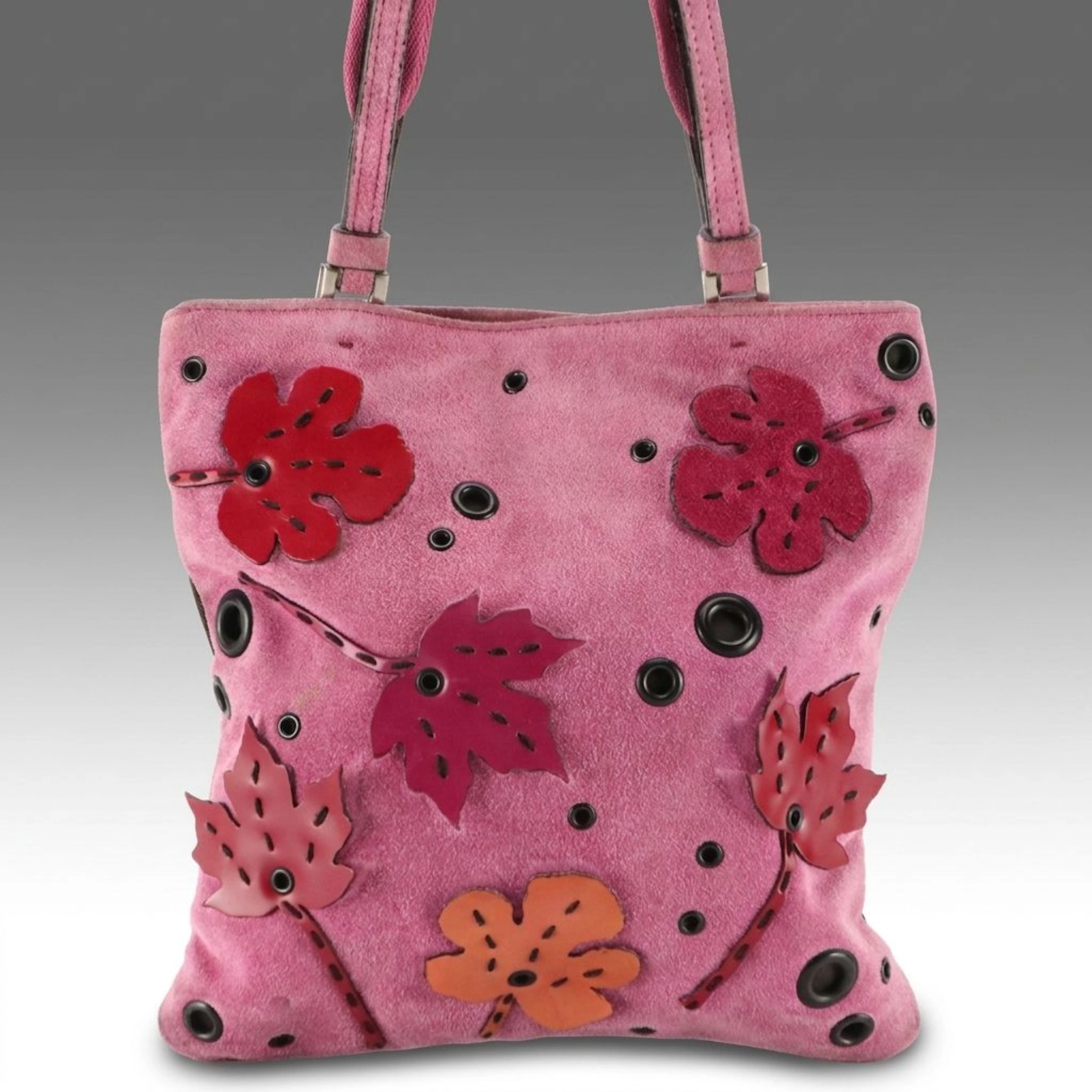 Prada Leather Leaf Appliqué, Suede, and Nylon Handbag with Grommet Hardware