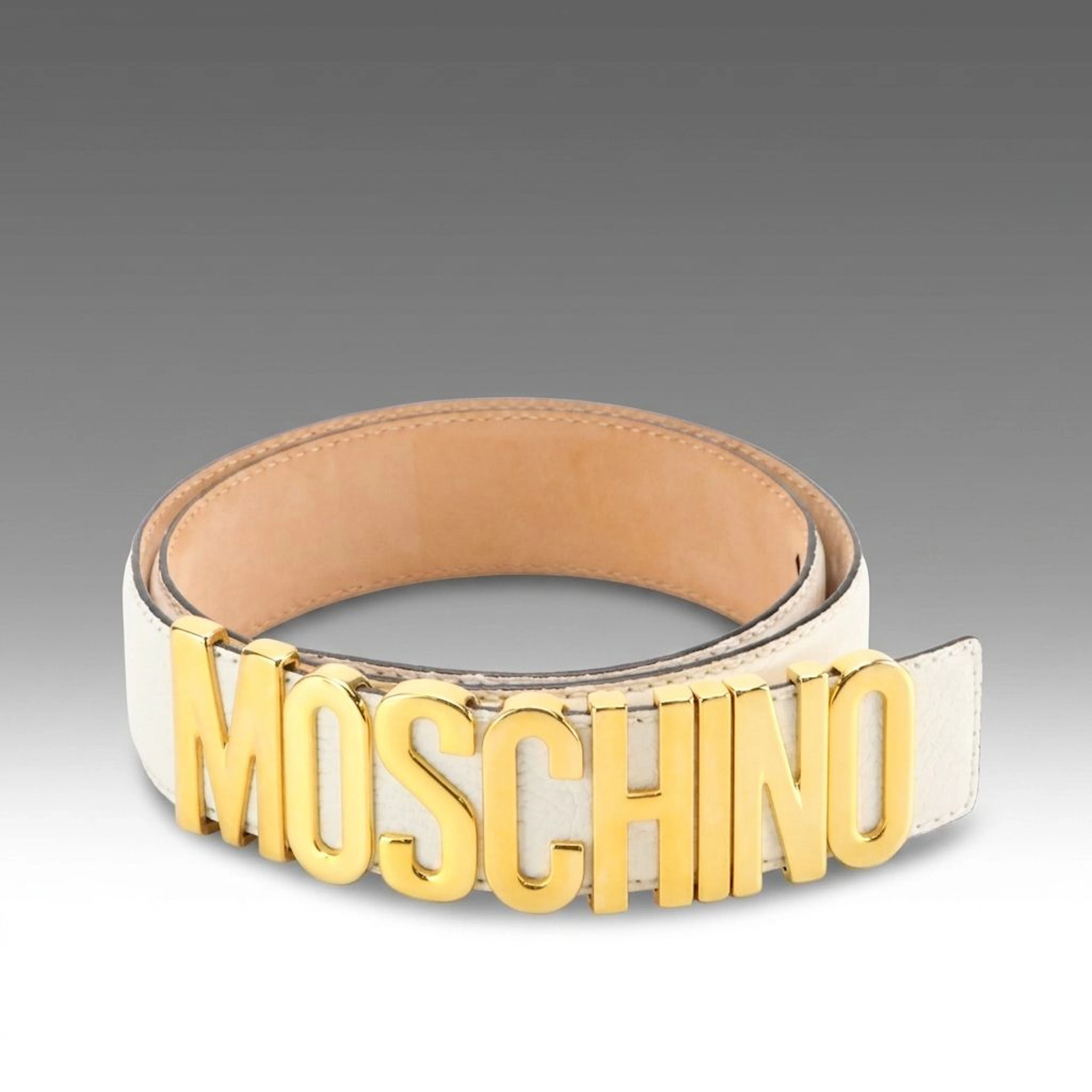 Moschino Logo Belt in White Grained Leather