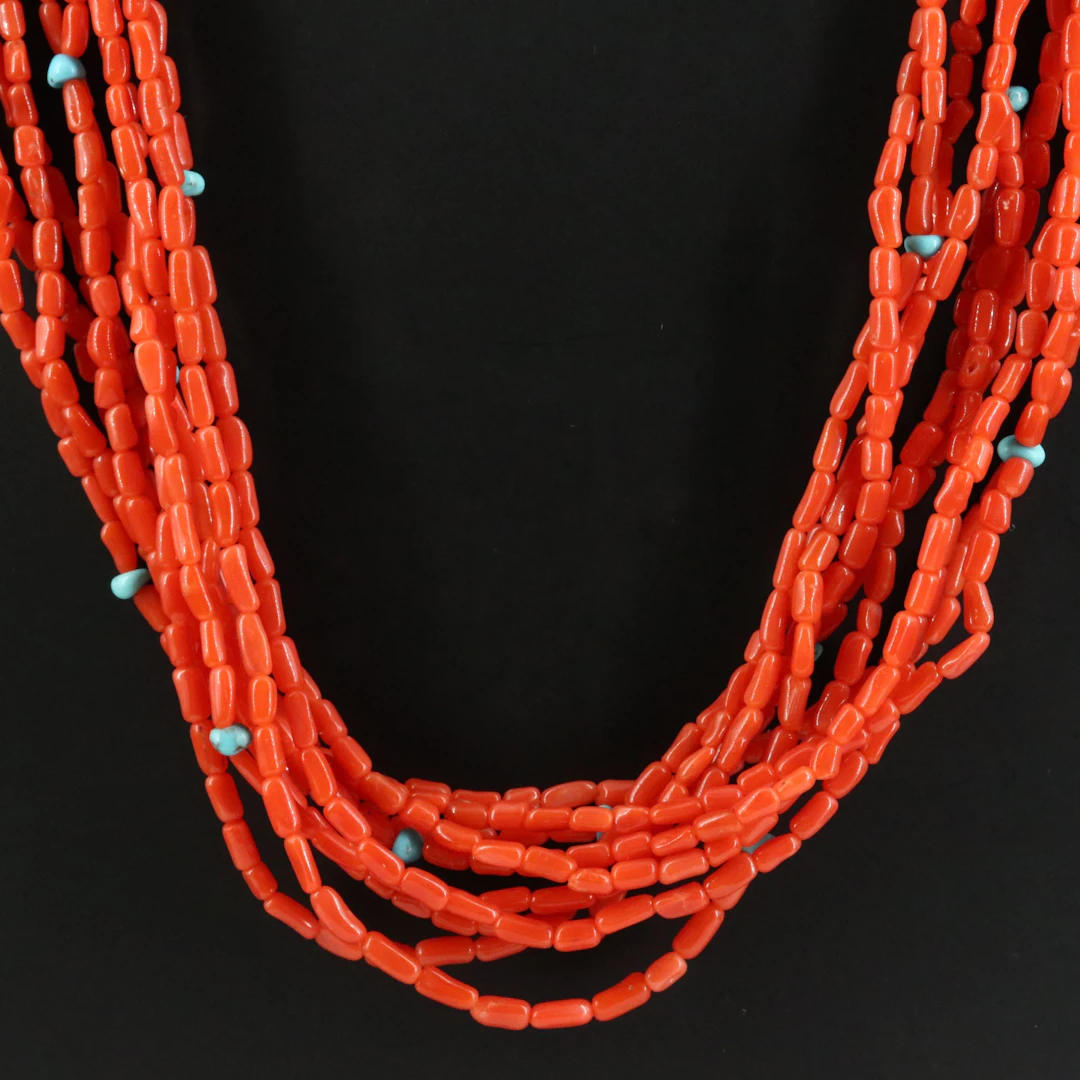 Coral and Turquoise Torsade Necklace with Sterling Clasp