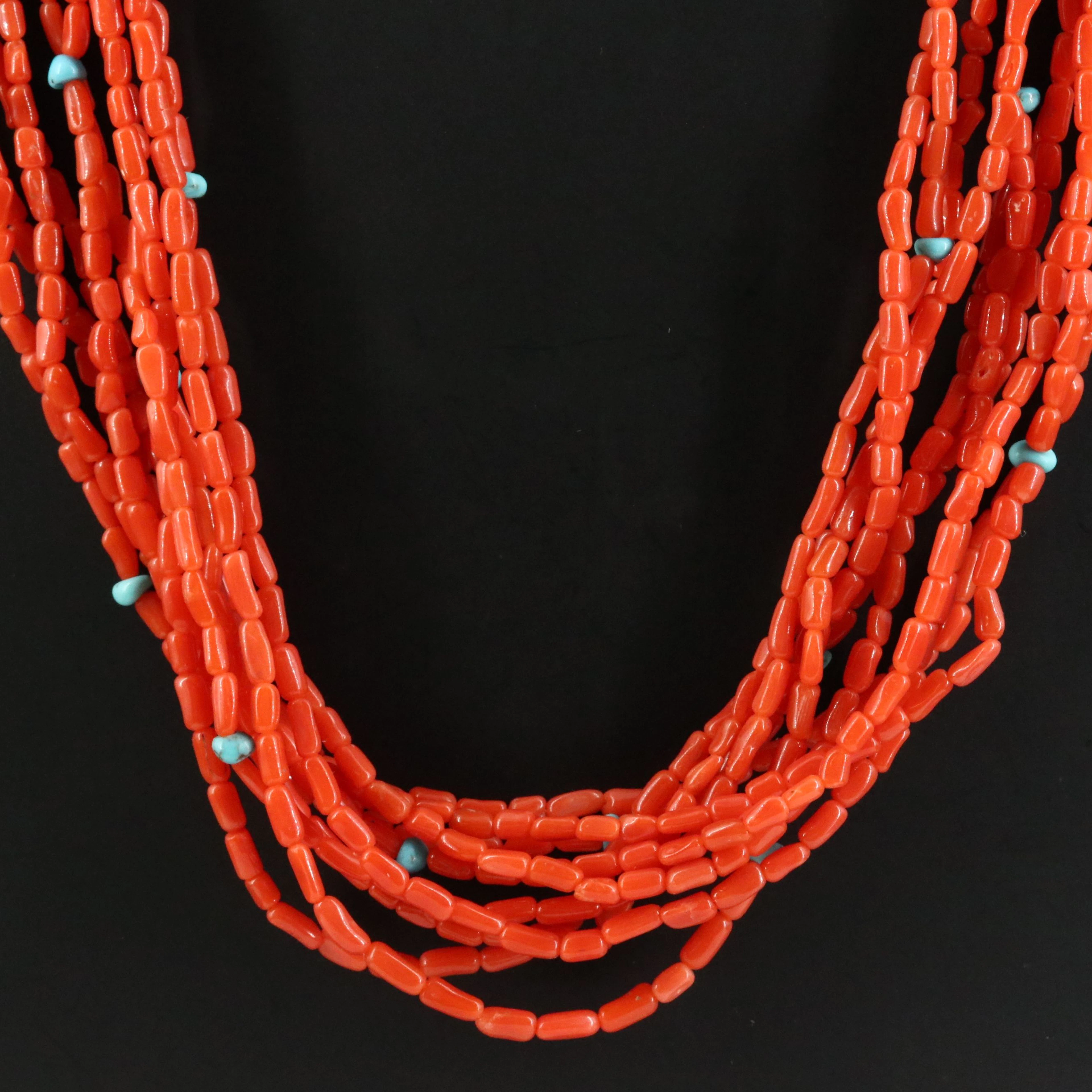 Coral and Turquoise Torsade Necklace with Sterling Clasp