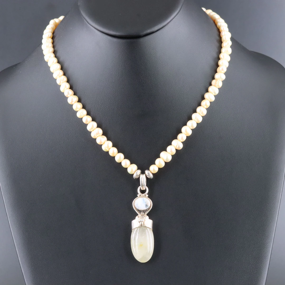 Sterling Rutilated Quartz, Rainbow Moonstone and Pearl Necklace