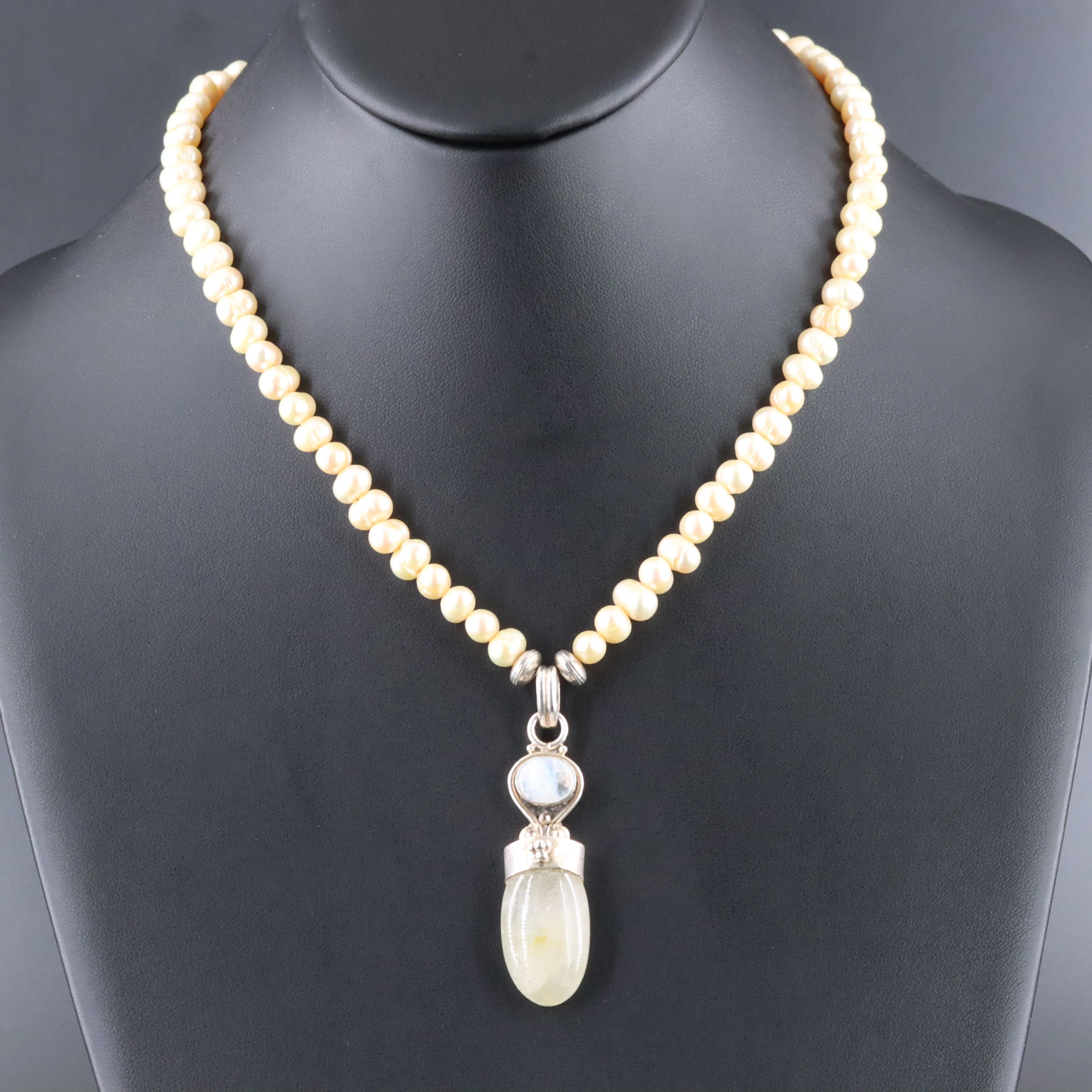 Sterling Rutilated Quartz, Rainbow Moonstone and Pearl Necklace