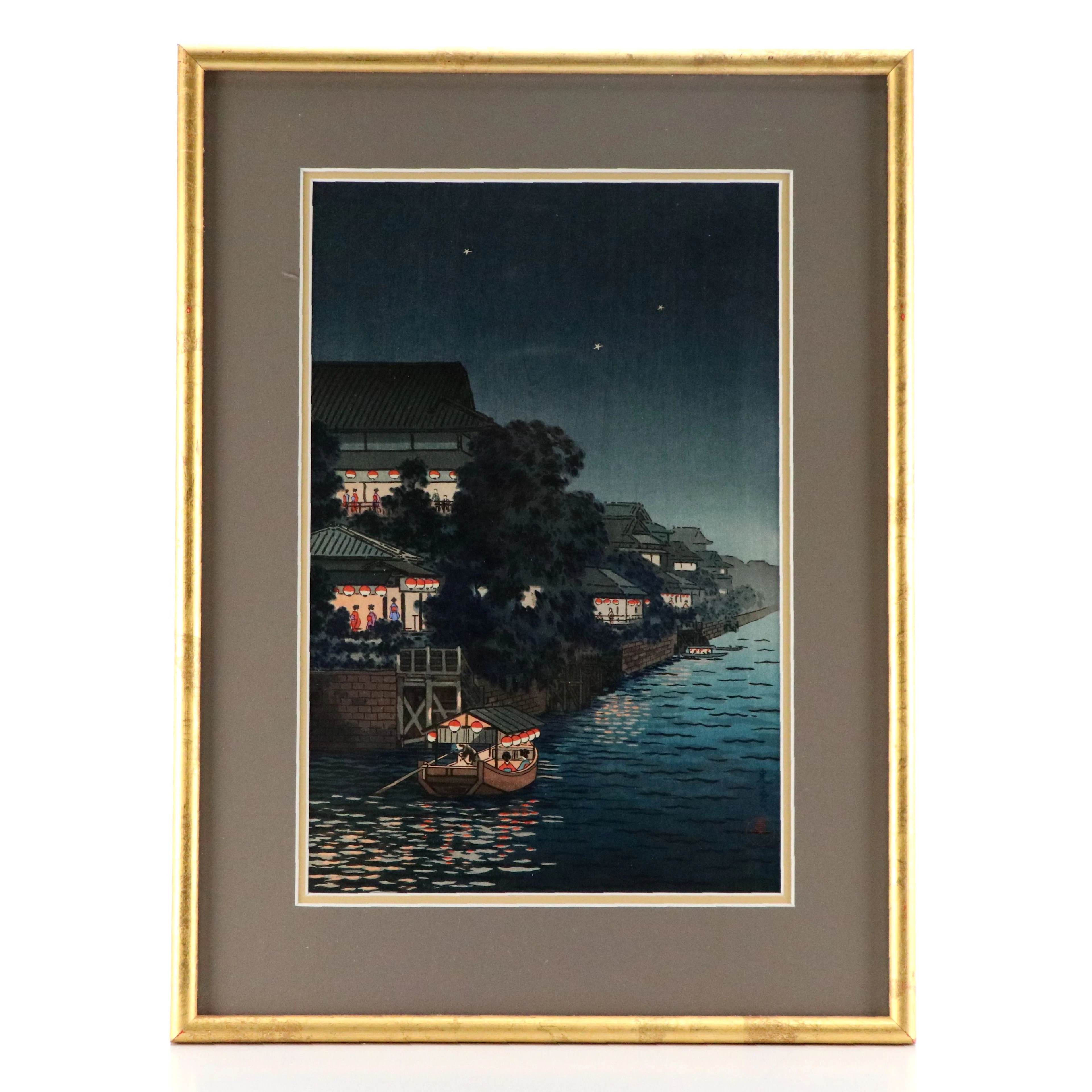 Tsuchiya Kōitsu Shin-hanga Woodblock of Nocturne Scene "Yanagi Bridge," 1934