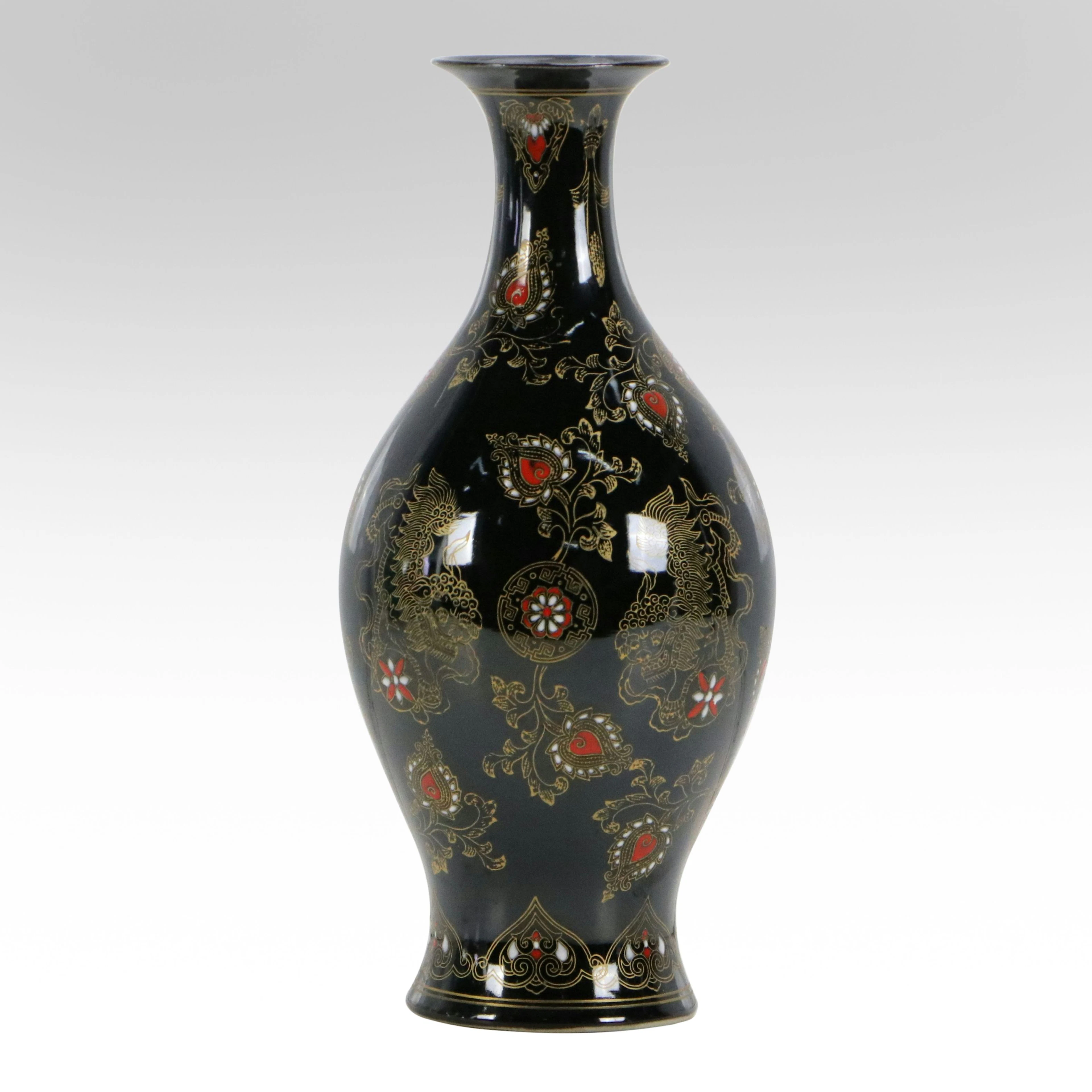 Chinese Black and Red Gilt Dragon Motif Porcelain Willow Leaf Vase