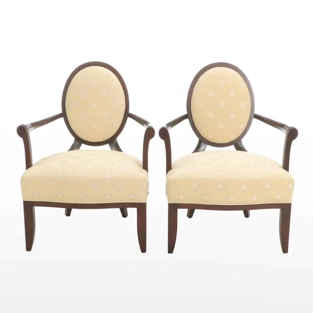 Pair of Barbara Barry for Baker Furniture Upholstered Mahogany Armchairs