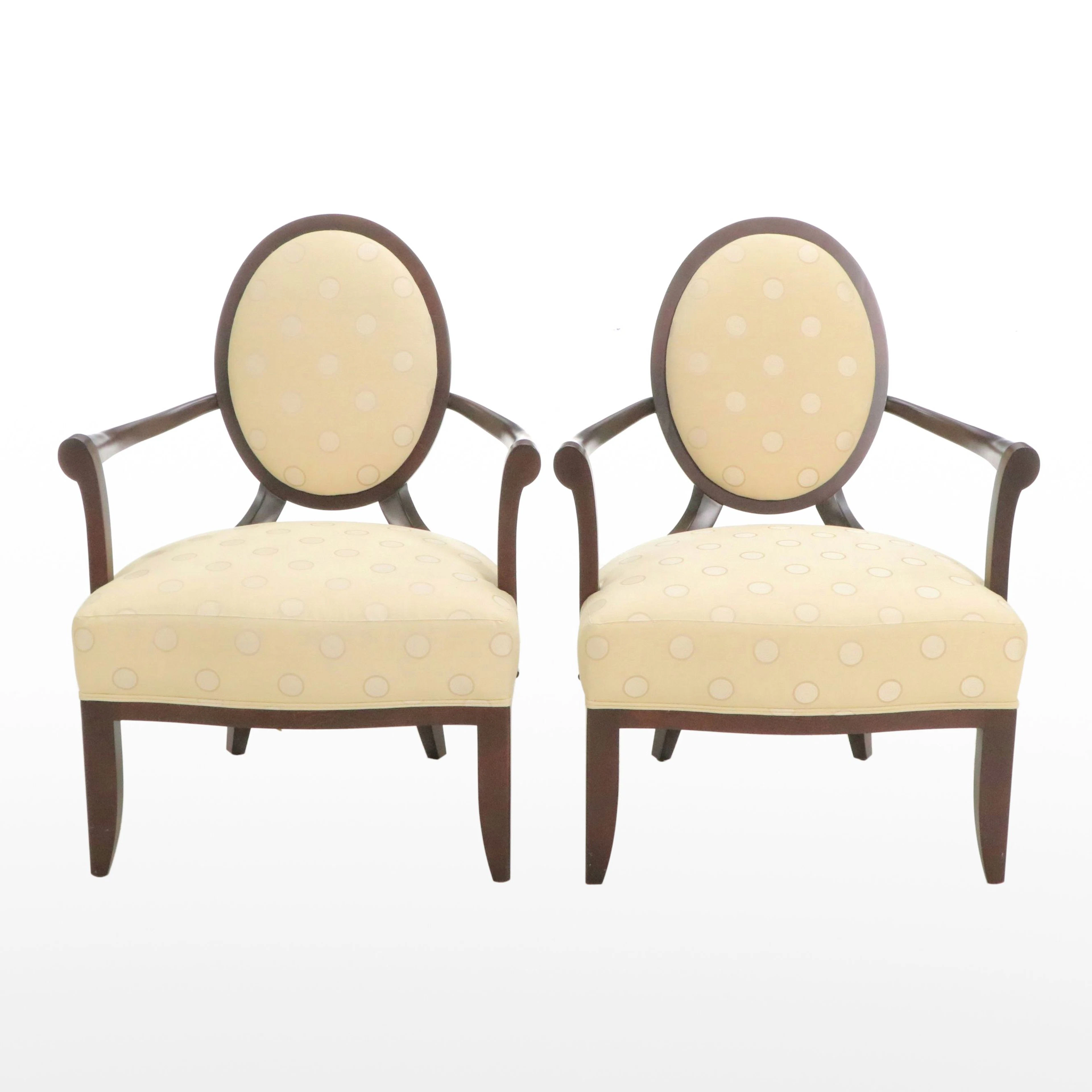 Pair of Barbara Barry for Baker Furniture Upholstered Mahogany Armchairs