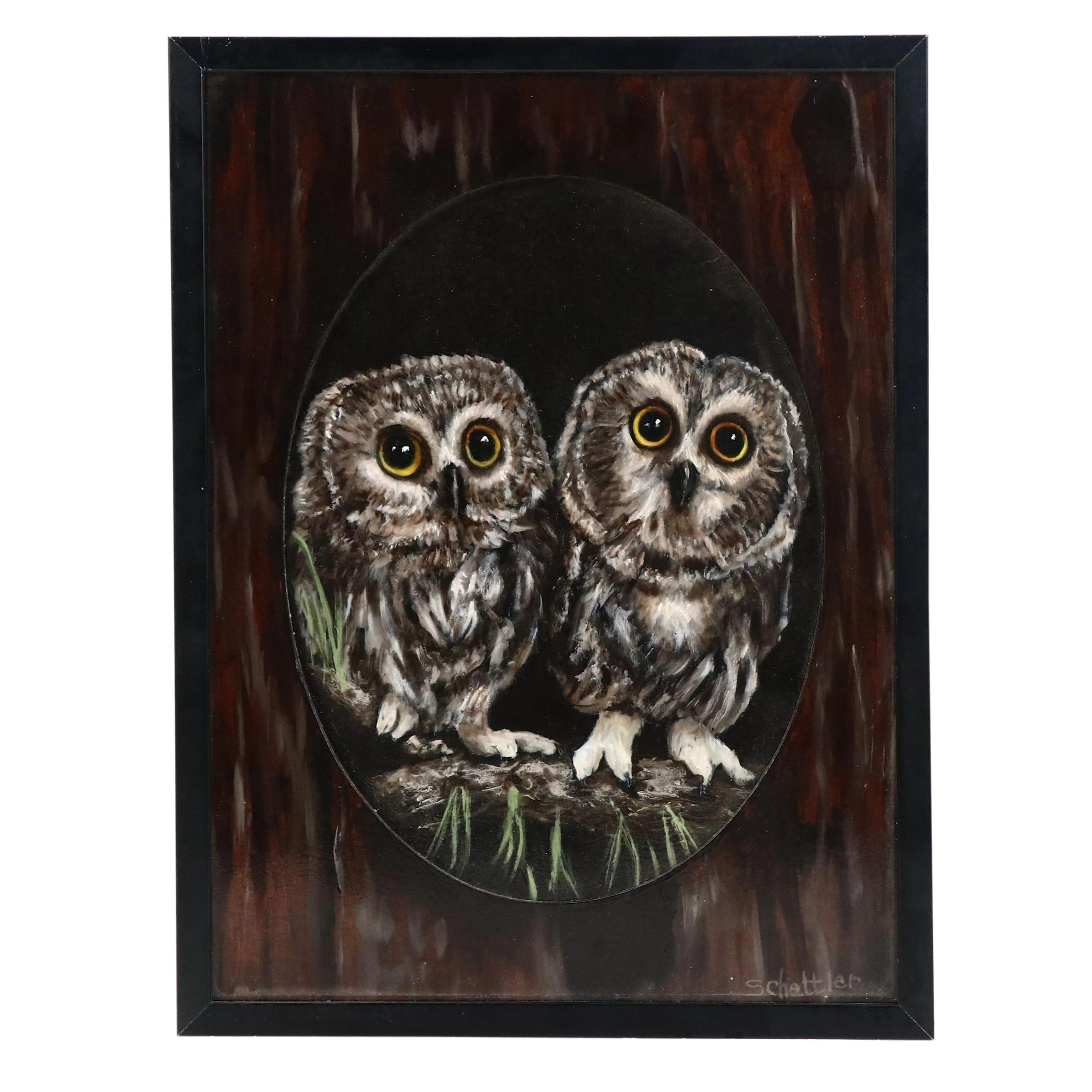 Schettler Oil Painting of Owl Pair in Tree Hollow
