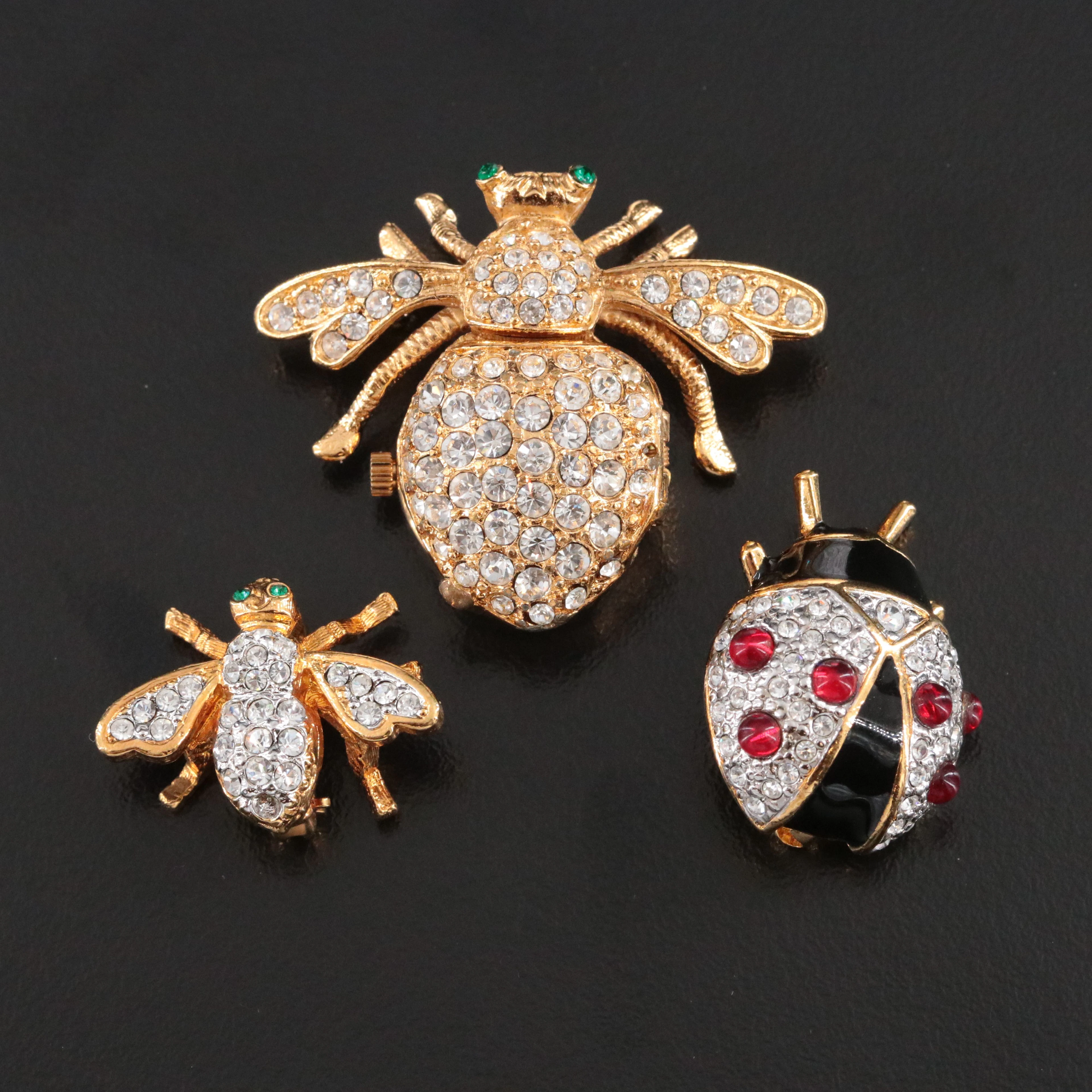 Joan Rivers Insect Pins with Watch and Rhinestones