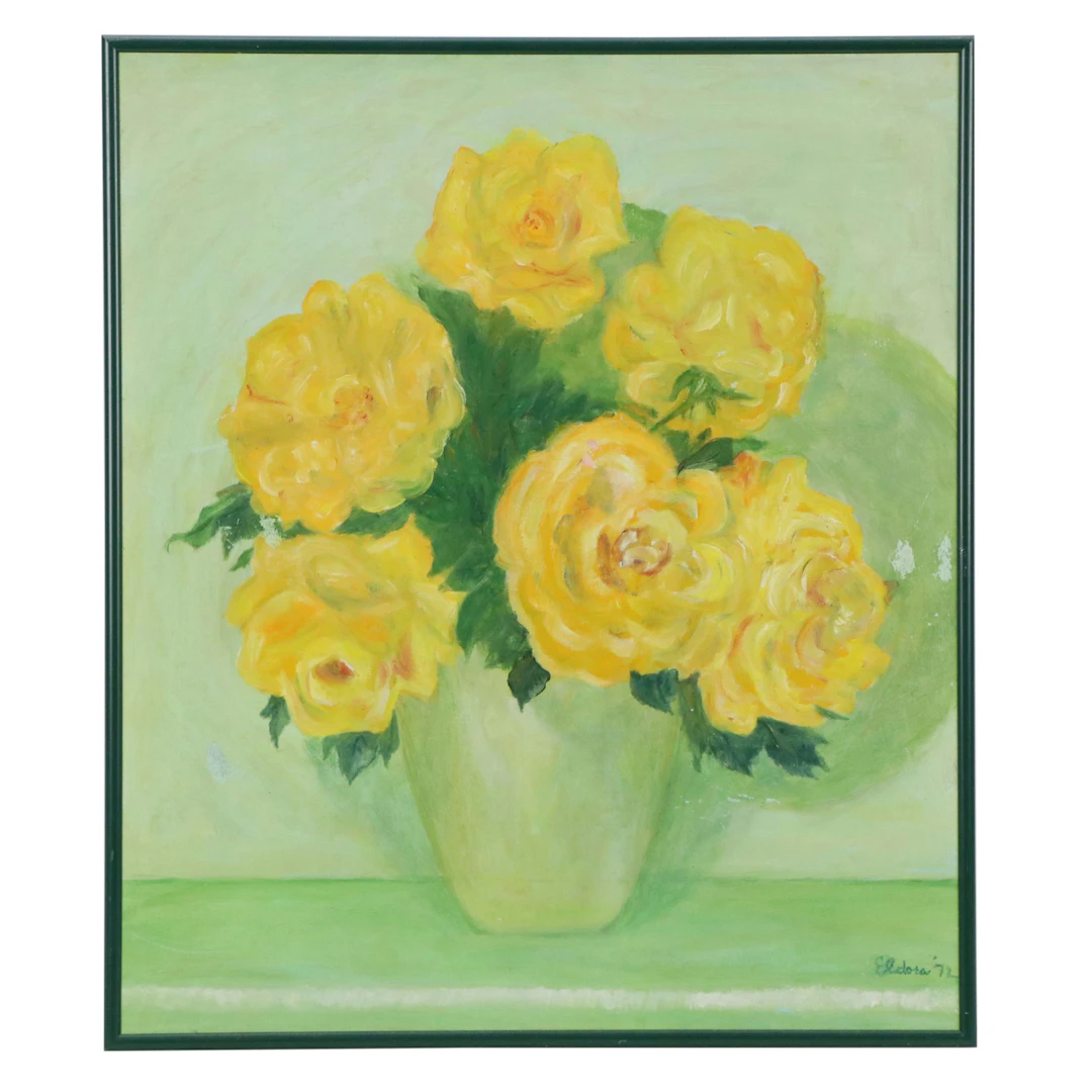 Floral Still Life Oil Painting of Yellow Roses, 1972