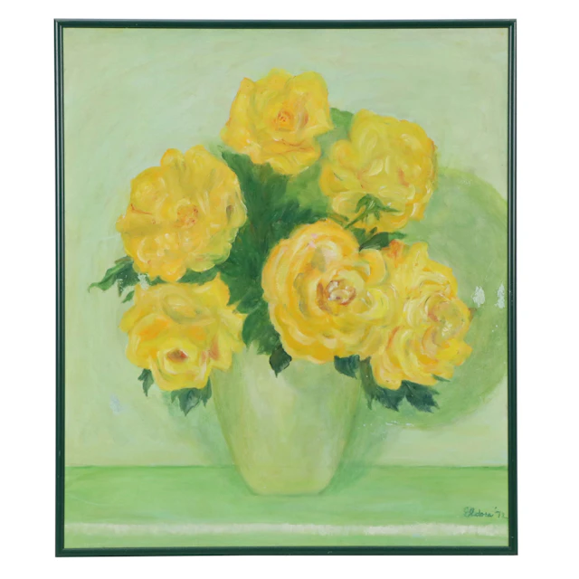 Floral Still Life Oil Painting of Yellow Roses, 1972