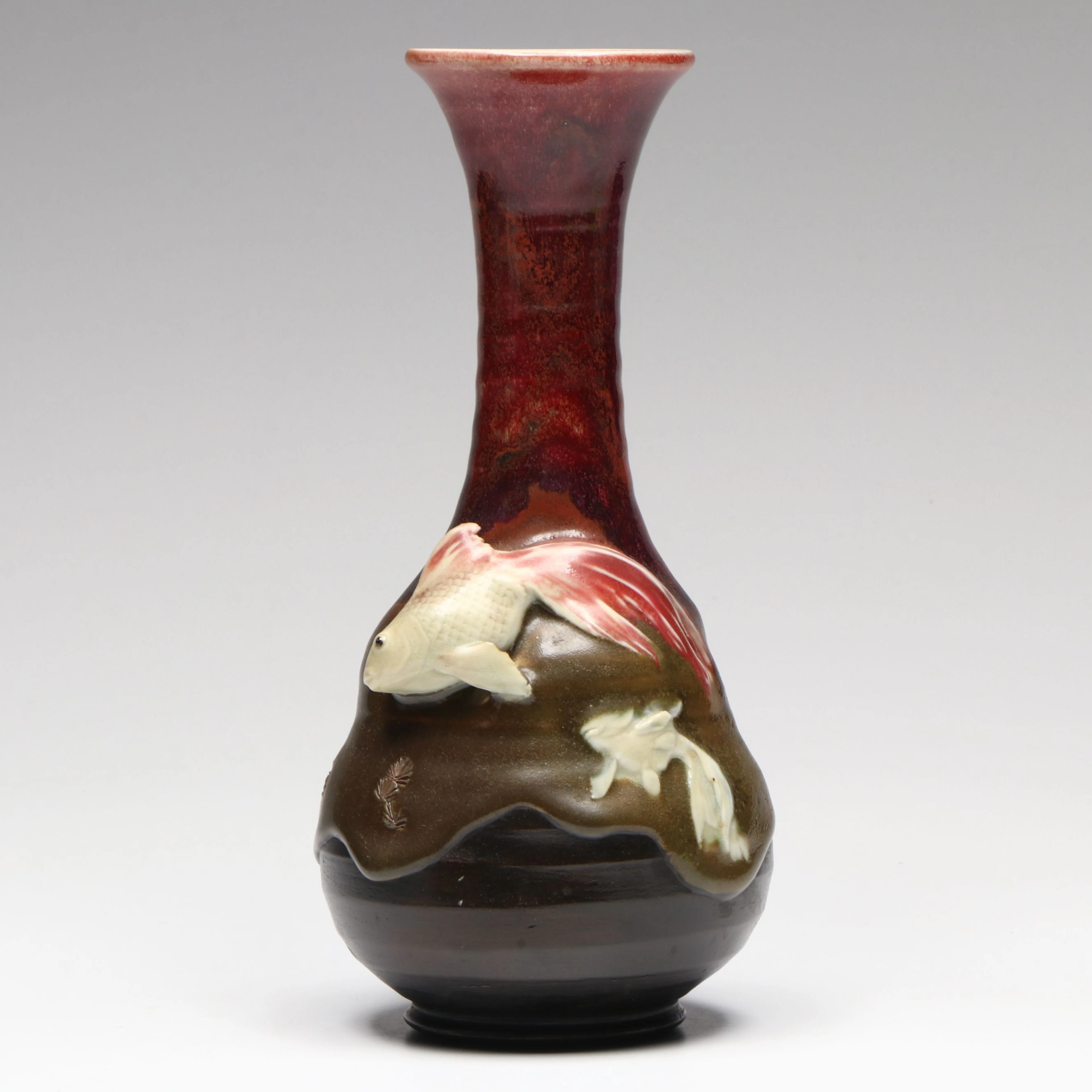 Japanese Flambé Drip Glaze Hand Thrown Vase with Koi in High Relief, 20th C.