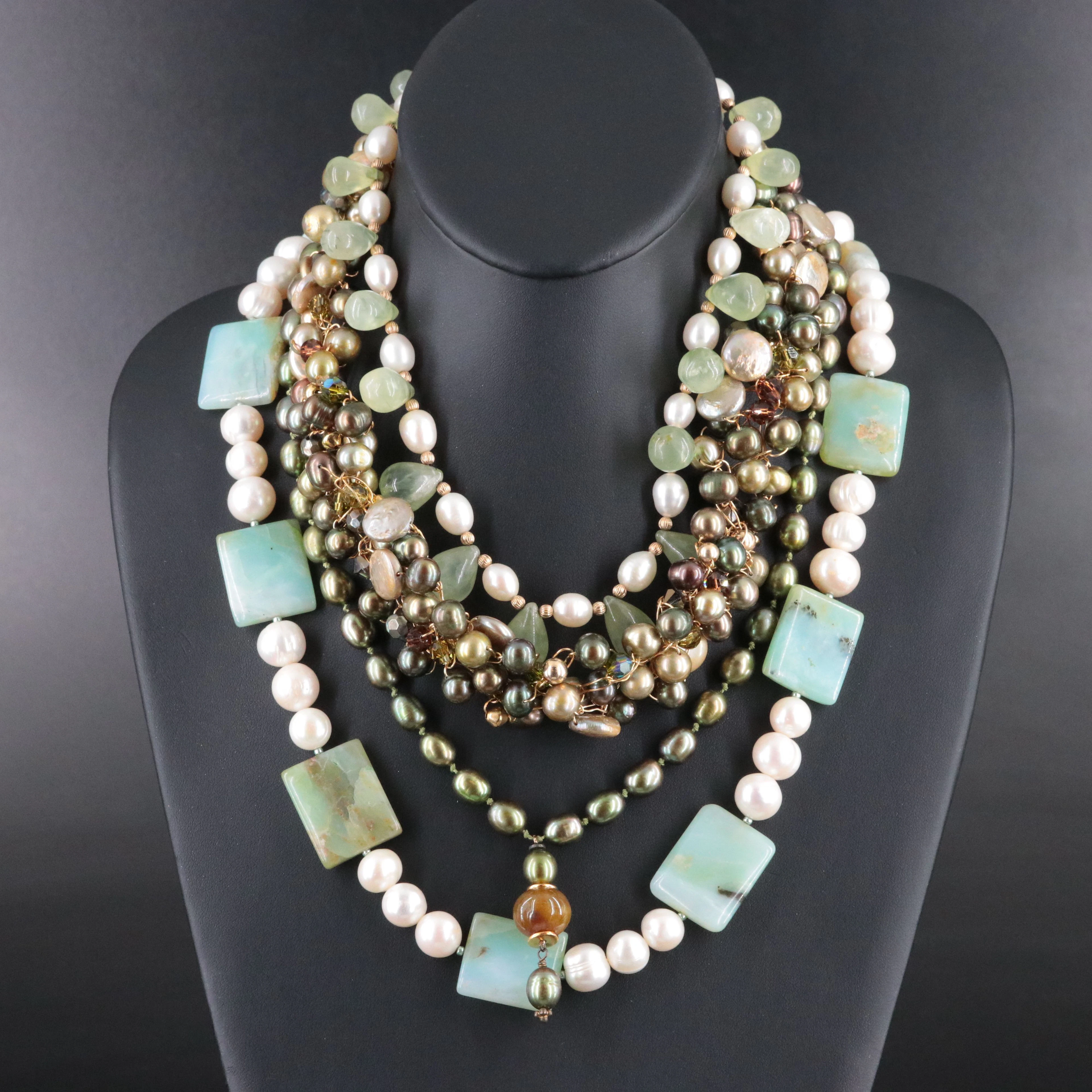 Pearl, Green Tourmalinated Quartz and Opal Featured in Necklaces