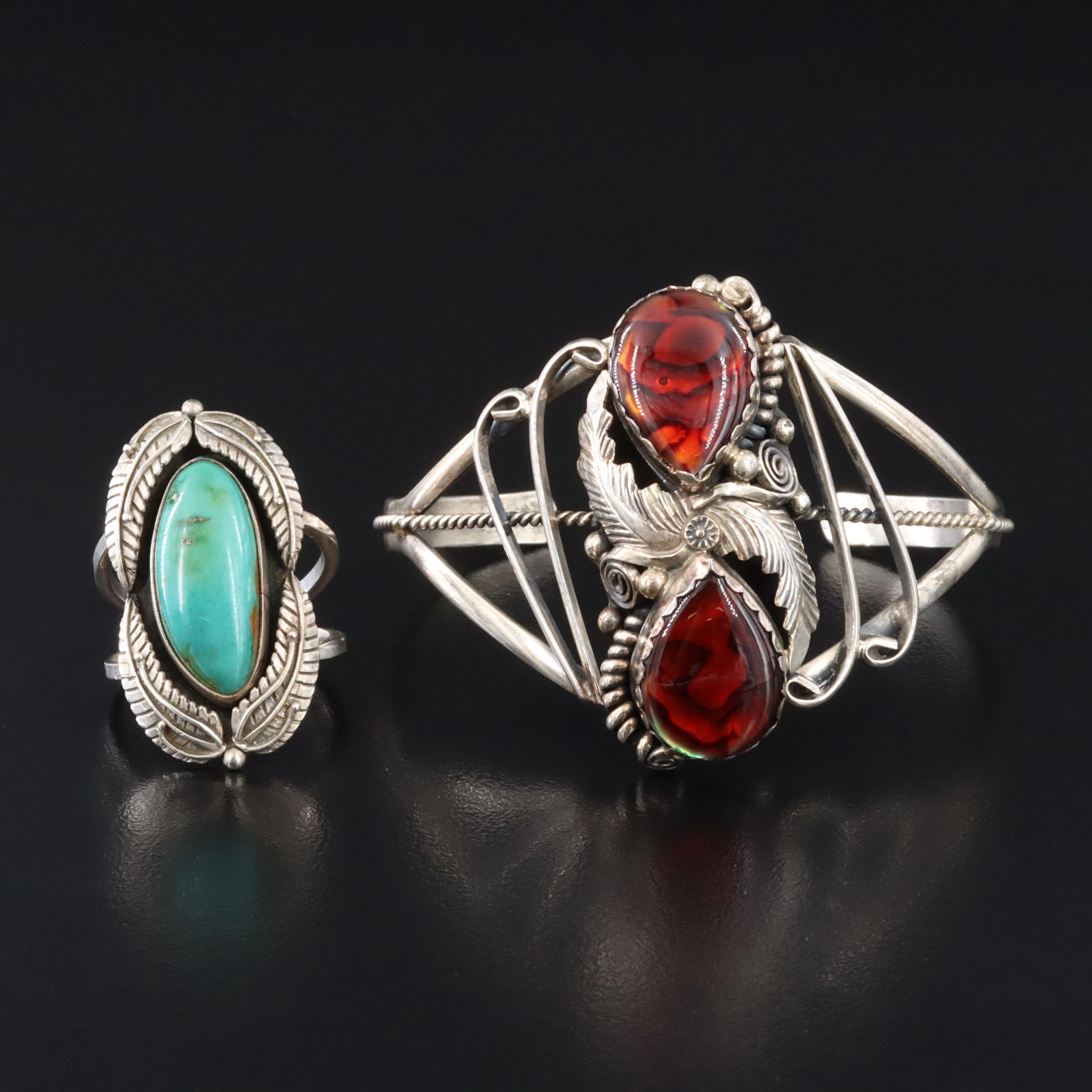 Southwestern Sterling Appliqué Feather Bracelet & Turquoise Ring