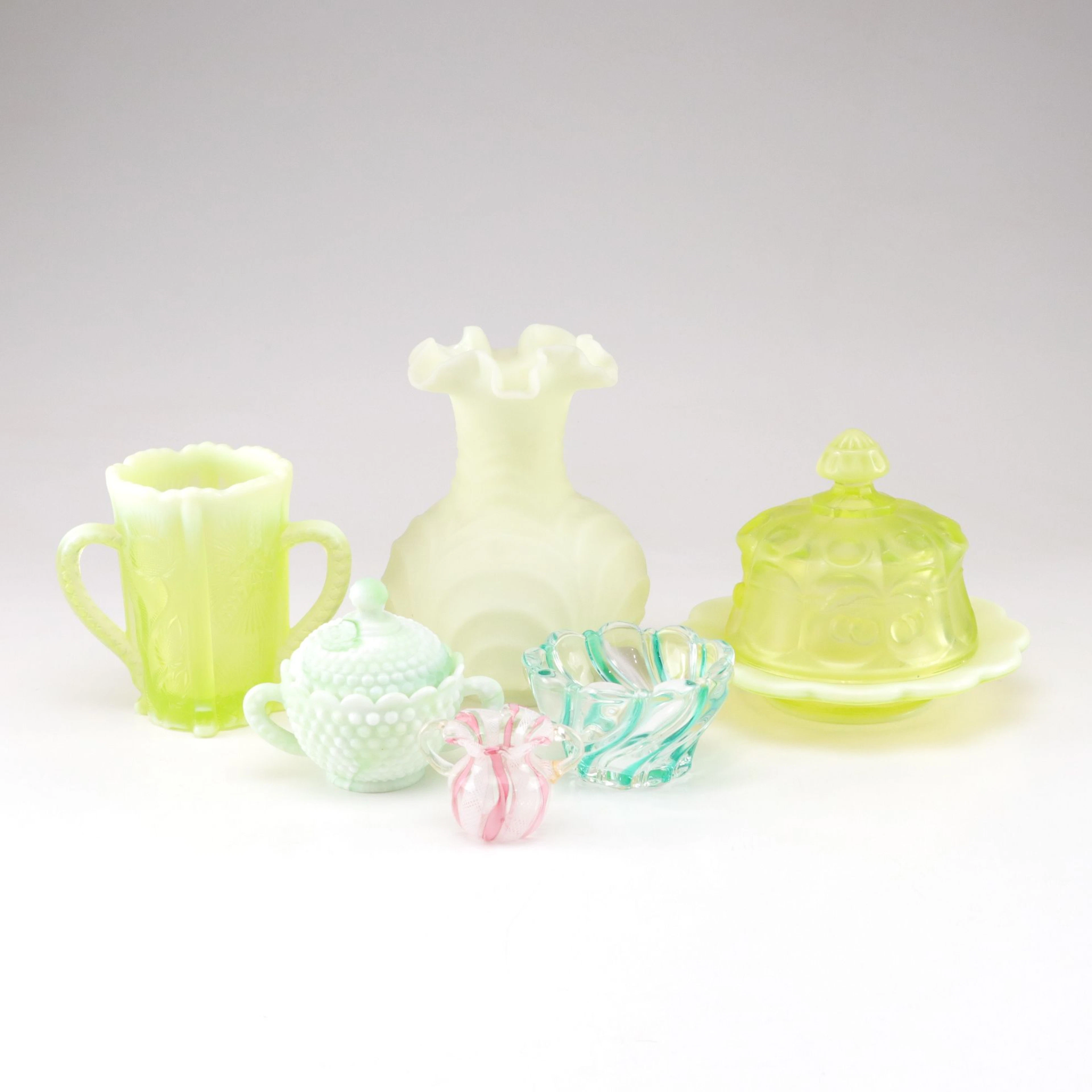 Uranium Glass "Thistle" Spooner Vase, "Cherry" Butter Dish and More