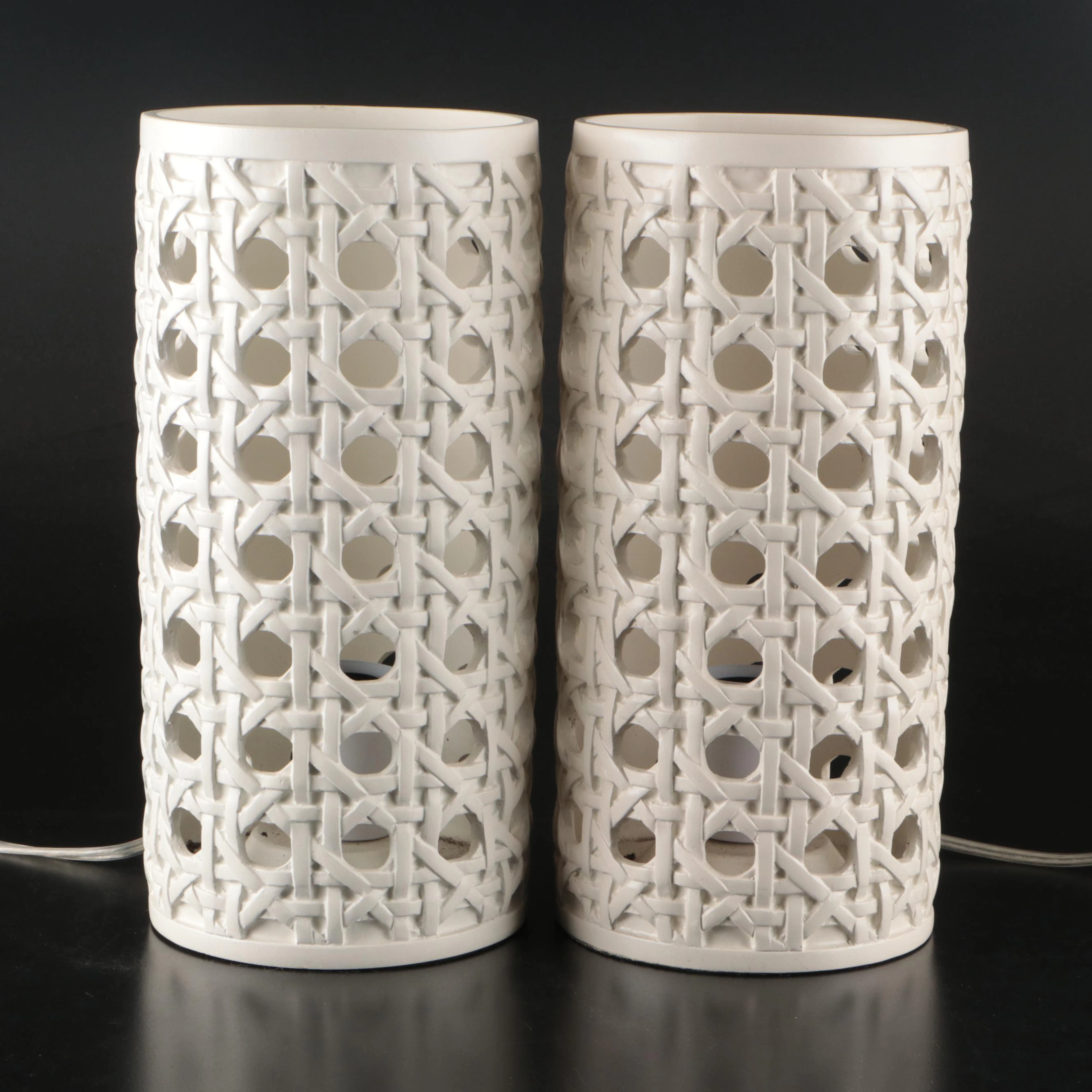 Pair of Pierced Cane Weave Resin Accent Lamps