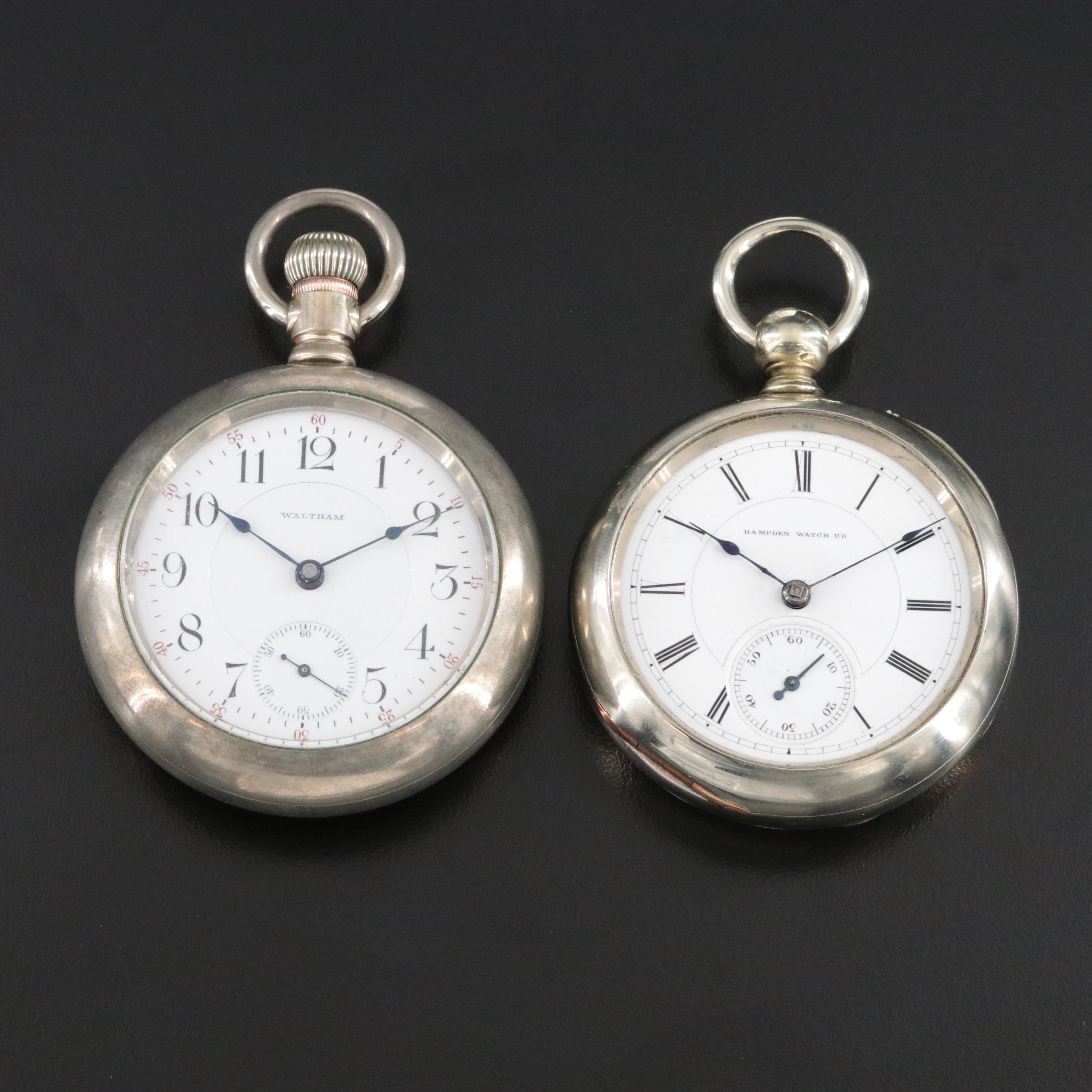 Antique Waltham and Hampden Stem and Key Wind Pocket Watches with Stands