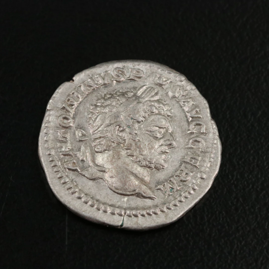 Ancient Roman Imperial AR Denarius Coin of Caracalla, ca. 206 A.D.