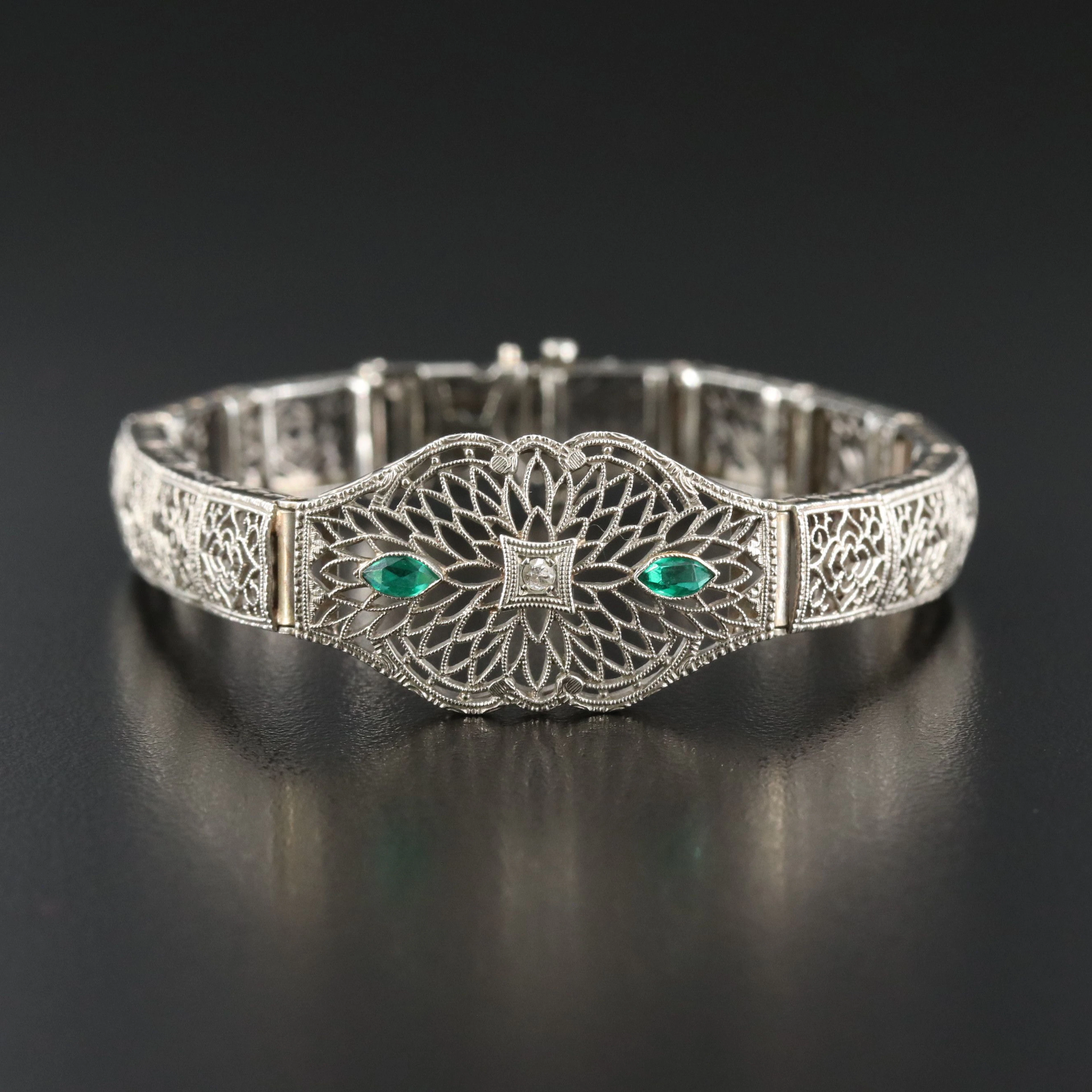 Art Deco 10K 0.03 CT Diamond and Glass Latticework Bracelet