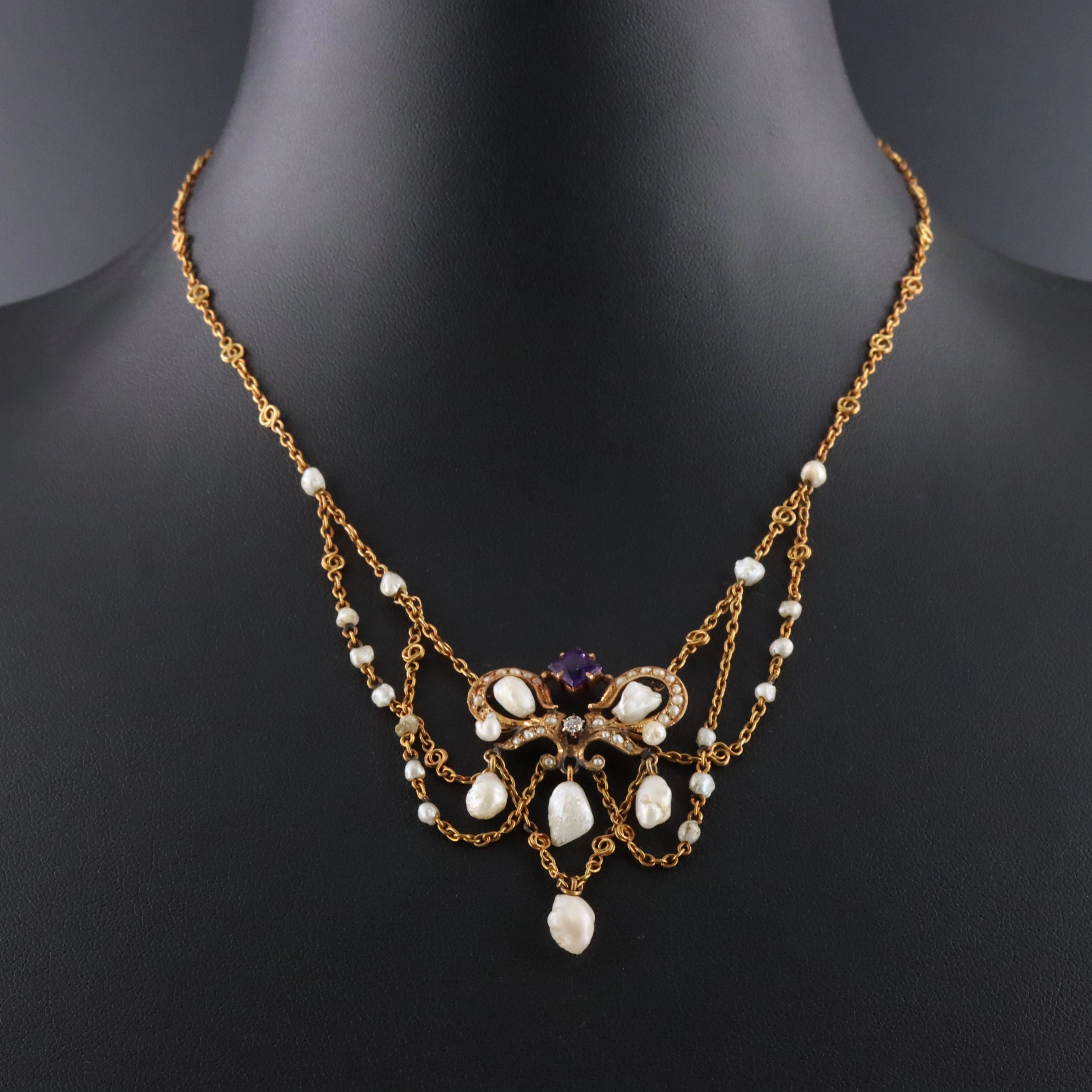 Art Nouveau Ciner & Steeleman 14K Rose Gold Amethyst, Diamond & Pearl Necklace