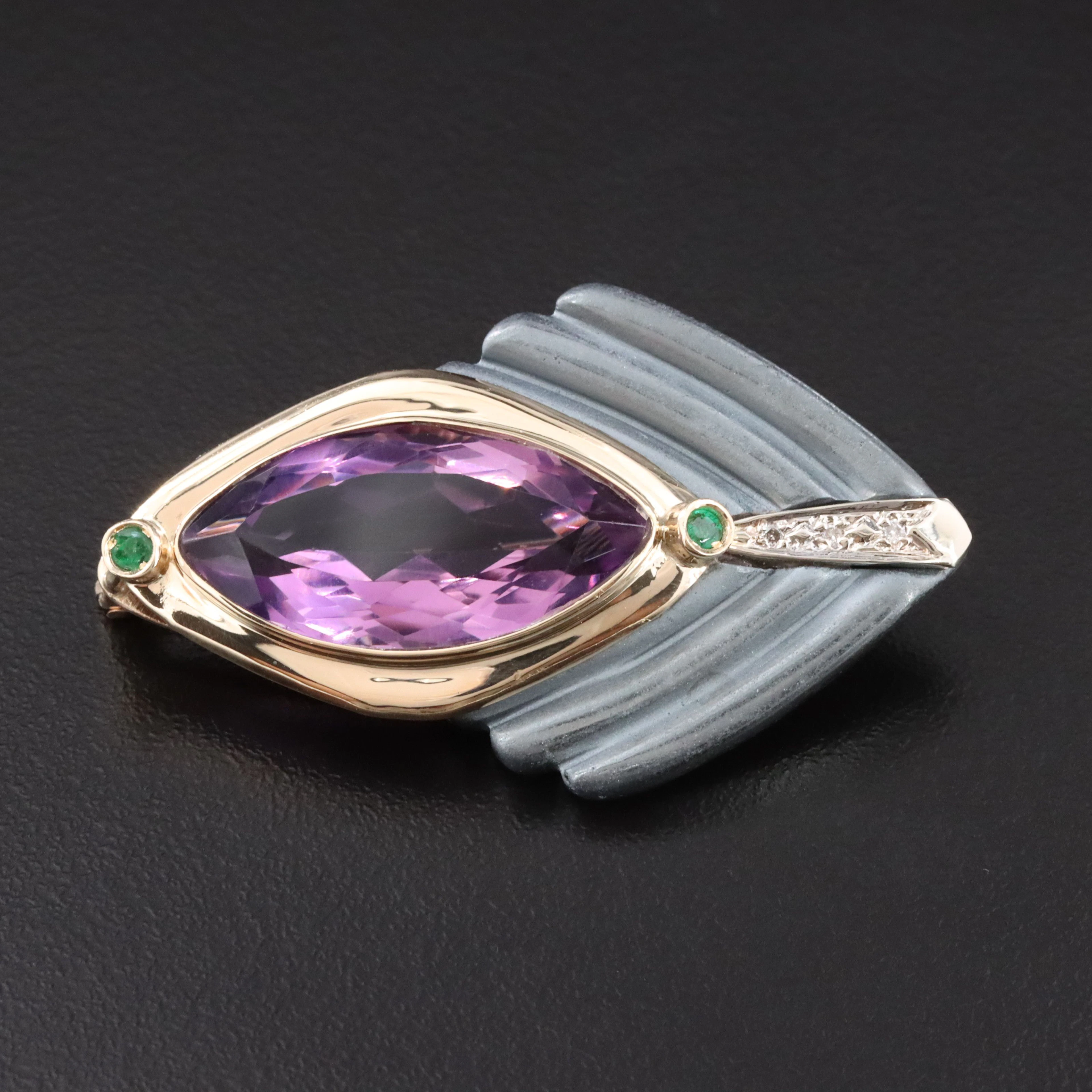 14K 11.64 CT Amethyst, Emerald and Diamond Brooch